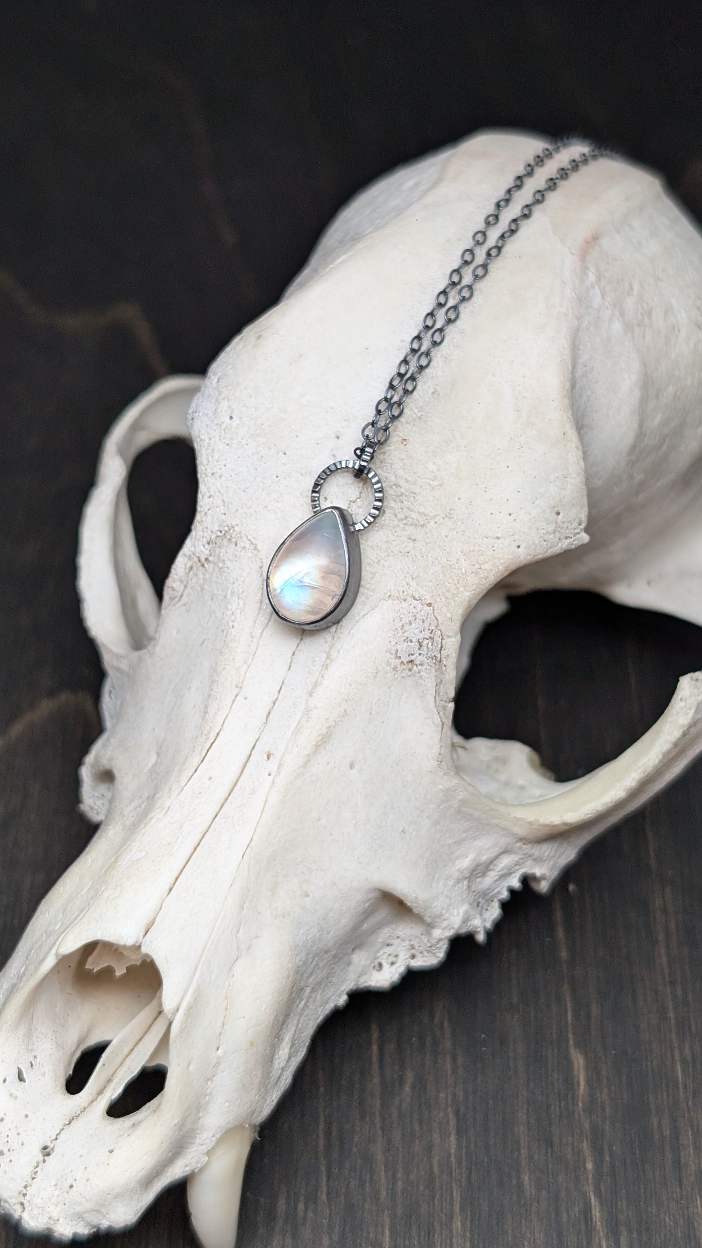 Teardrop Rainbow Moonstone Textured Sterling Silver Necklace