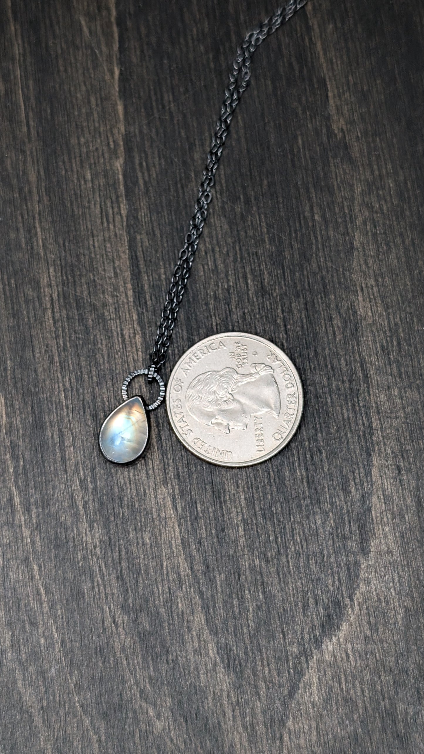 Teardrop Rainbow Moonstone Textured Sterling Silver Necklace