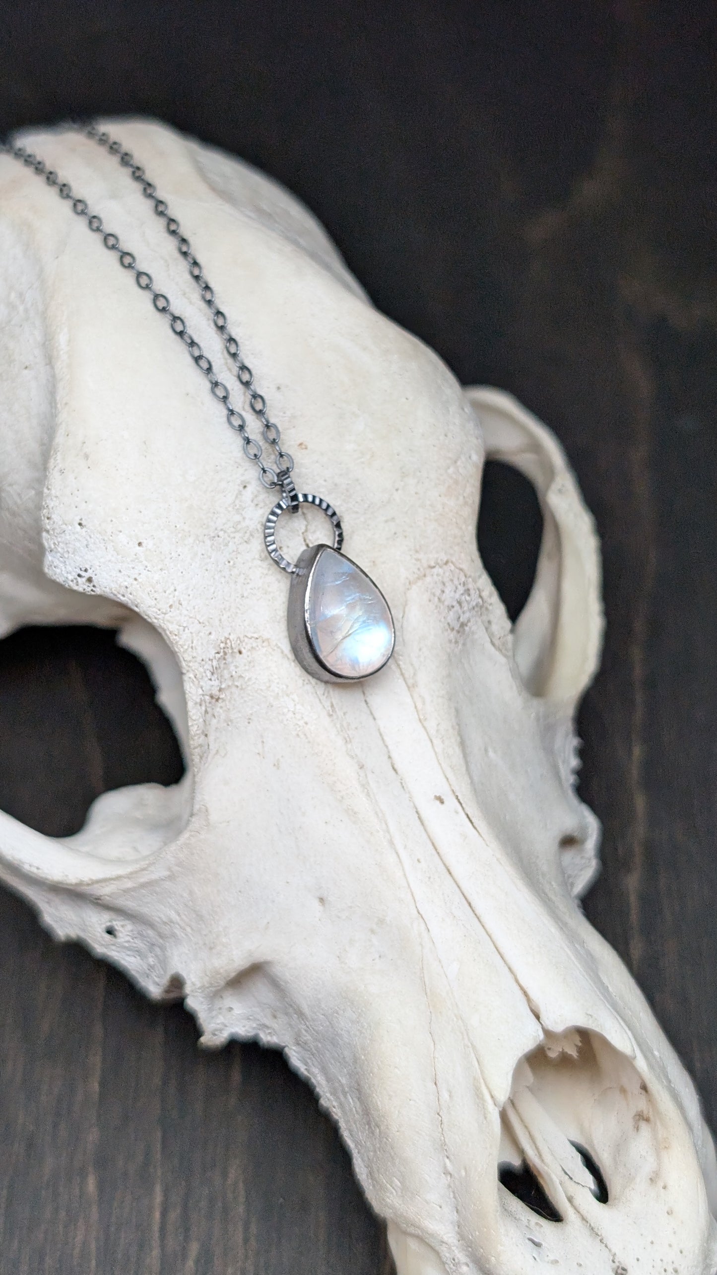 Teardrop Rainbow Moonstone Textured Sterling Silver Necklace