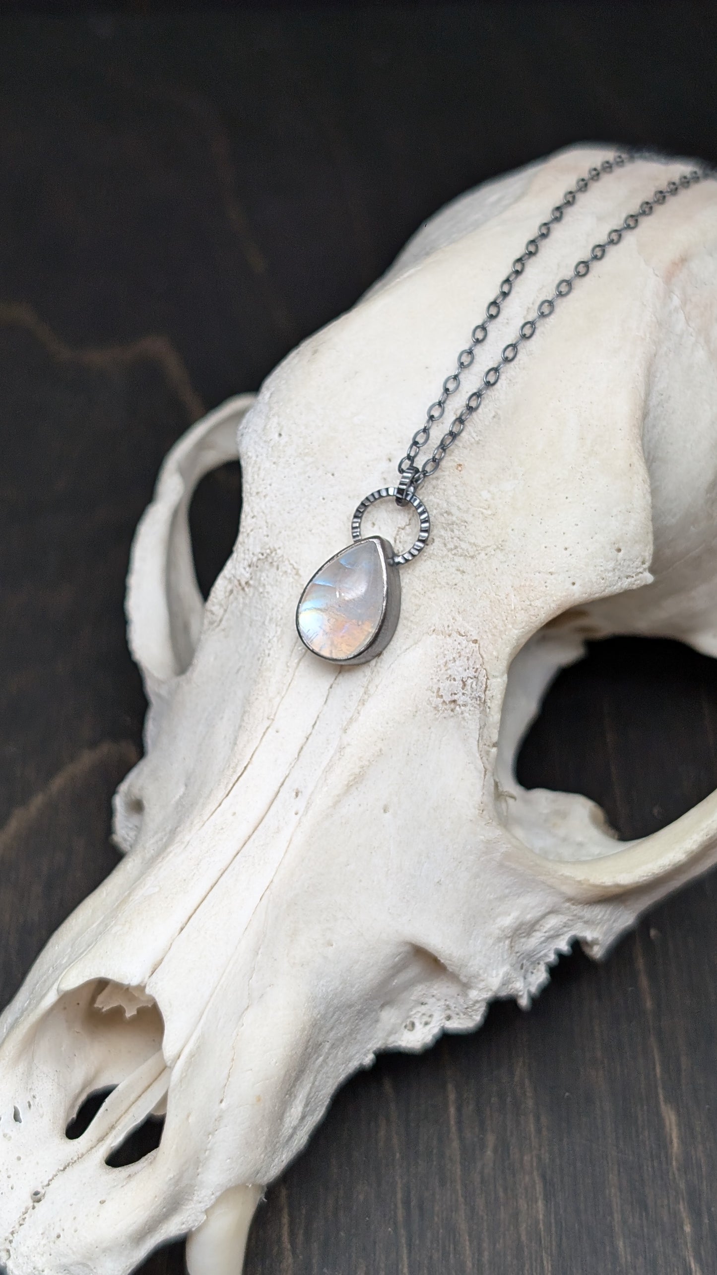 Teardrop Rainbow Moonstone Textured Sterling Silver Necklace