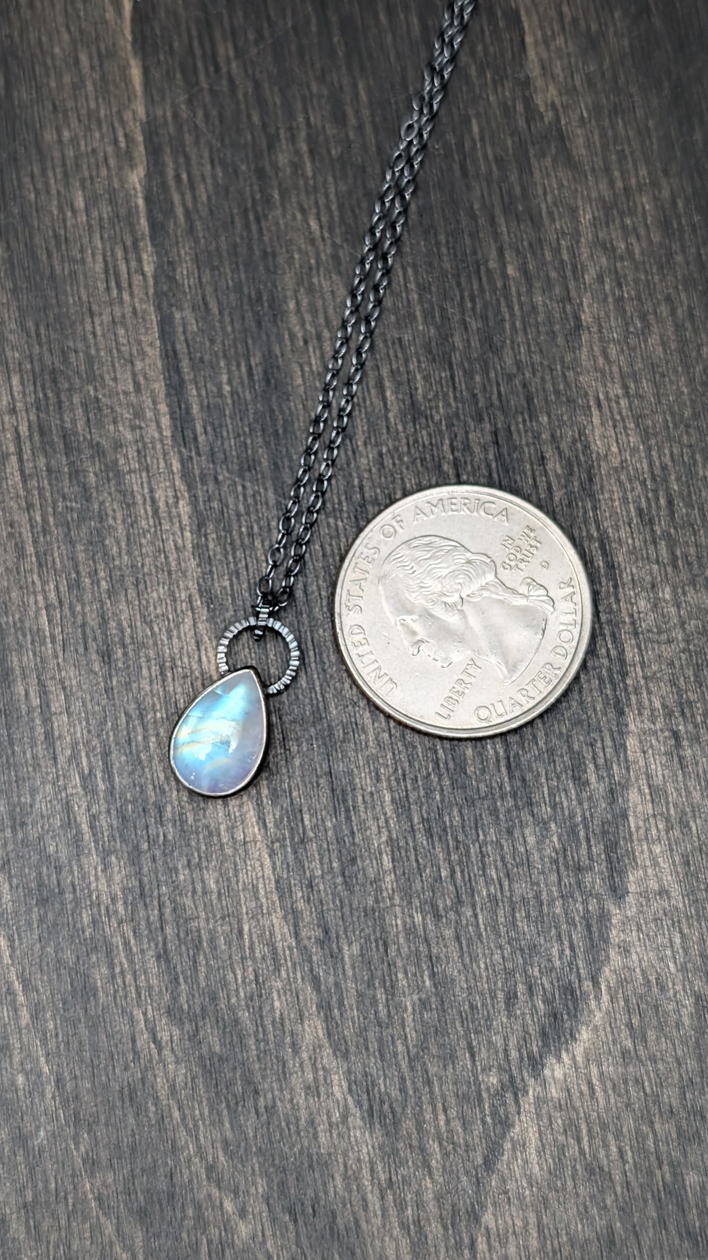 Teardrop Rainbow Moonstone Textured Sterling Silver Necklace