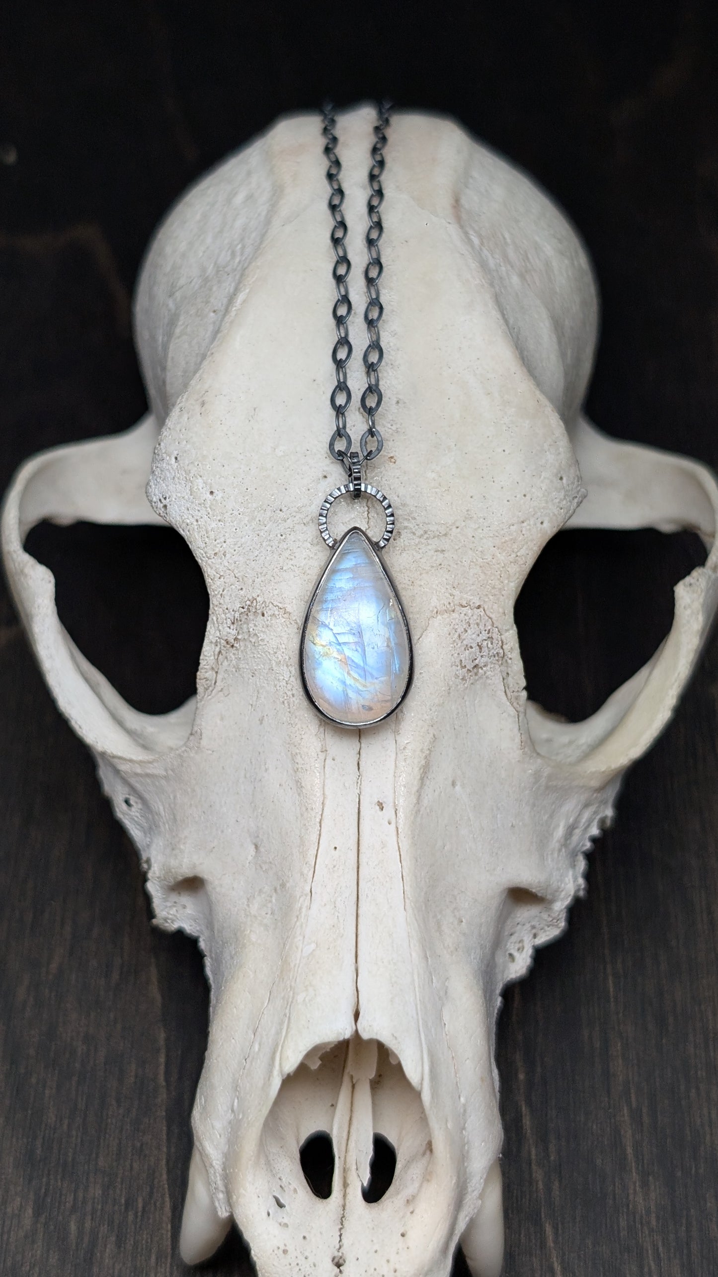 Teardrop Rainbow Moonstone Textured Sterling Silver Necklace