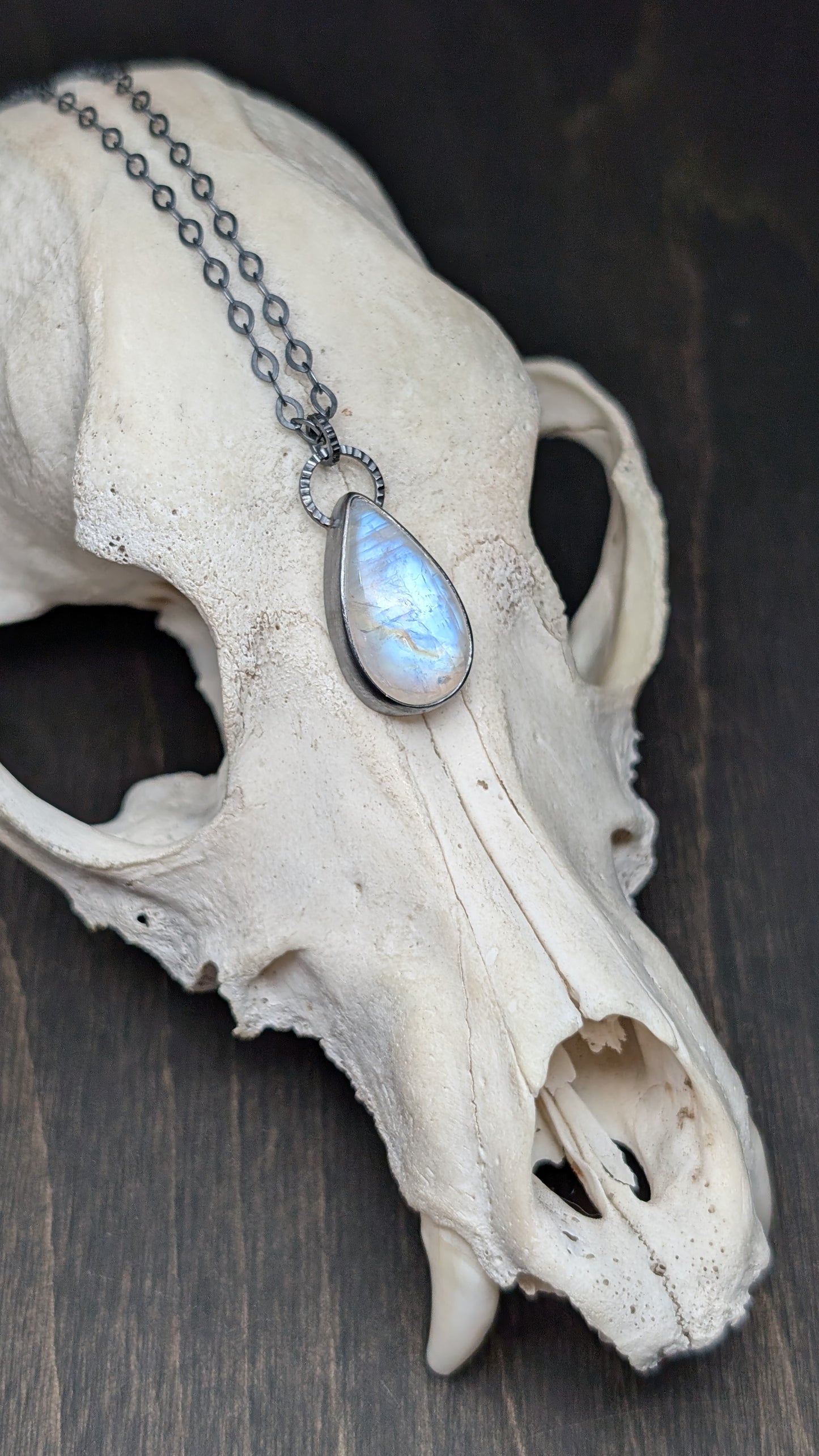 Teardrop Rainbow Moonstone Textured Sterling Silver Necklace