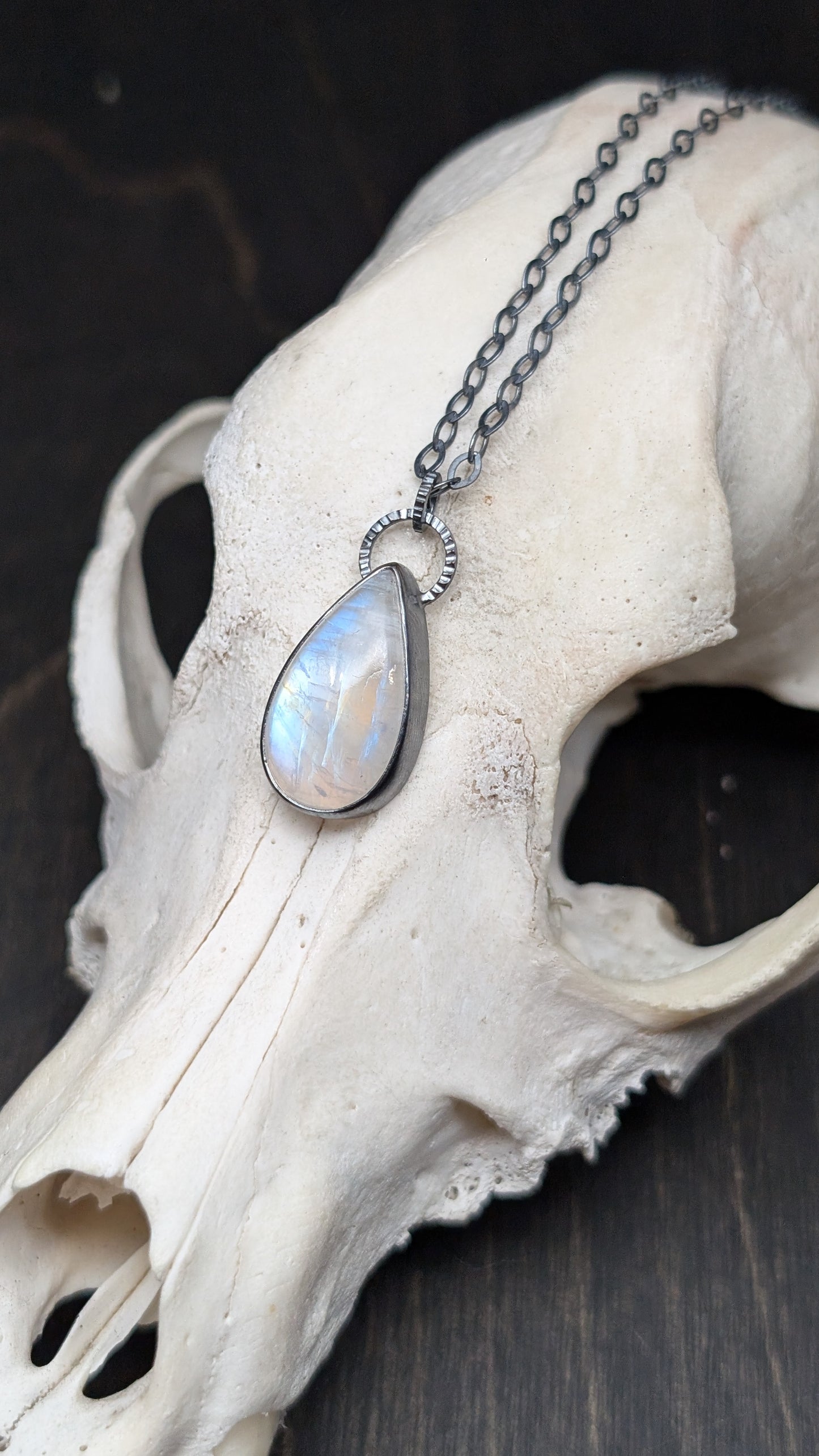 Teardrop Rainbow Moonstone Textured Sterling Silver Necklace