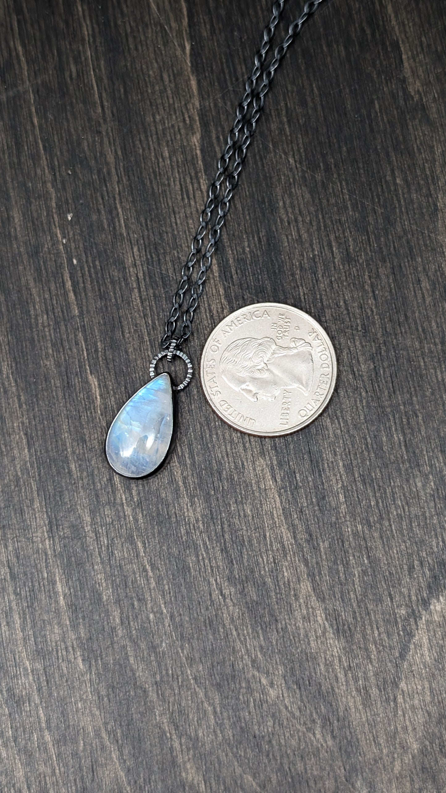 Teardrop Rainbow Moonstone Textured Sterling Silver Necklace