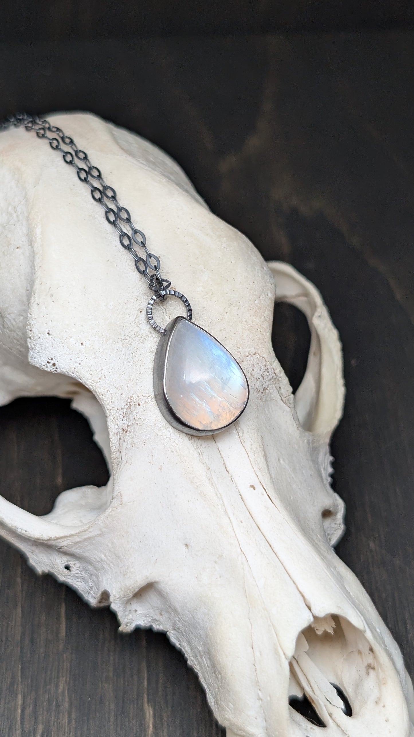 Teardrop Rainbow Moonstone Textured Sterling Silver Necklace