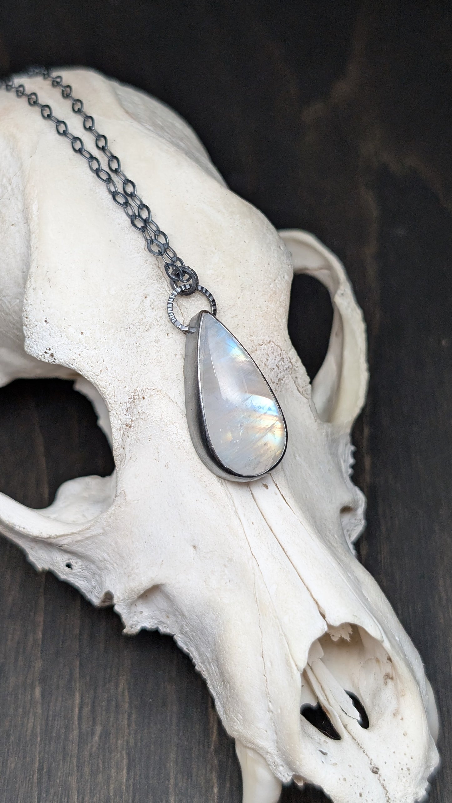 Teardrop Rainbow Moonstone Textured Sterling Silver Necklace