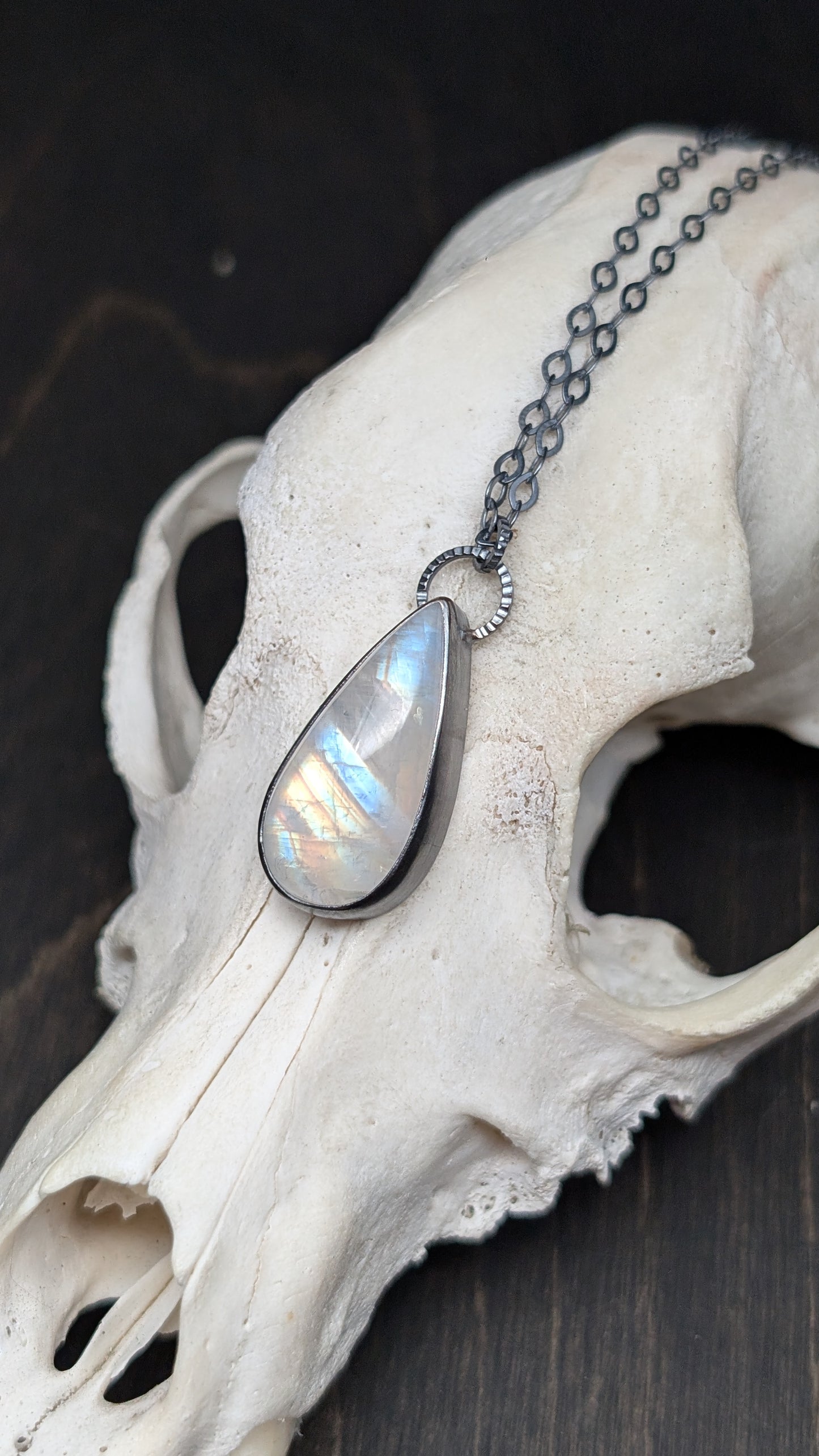 Teardrop Rainbow Moonstone Textured Sterling Silver Necklace