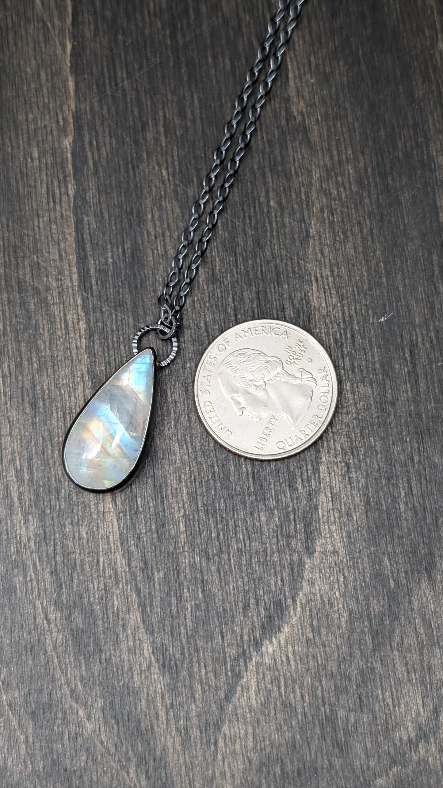 Teardrop Rainbow Moonstone Textured Sterling Silver Necklace