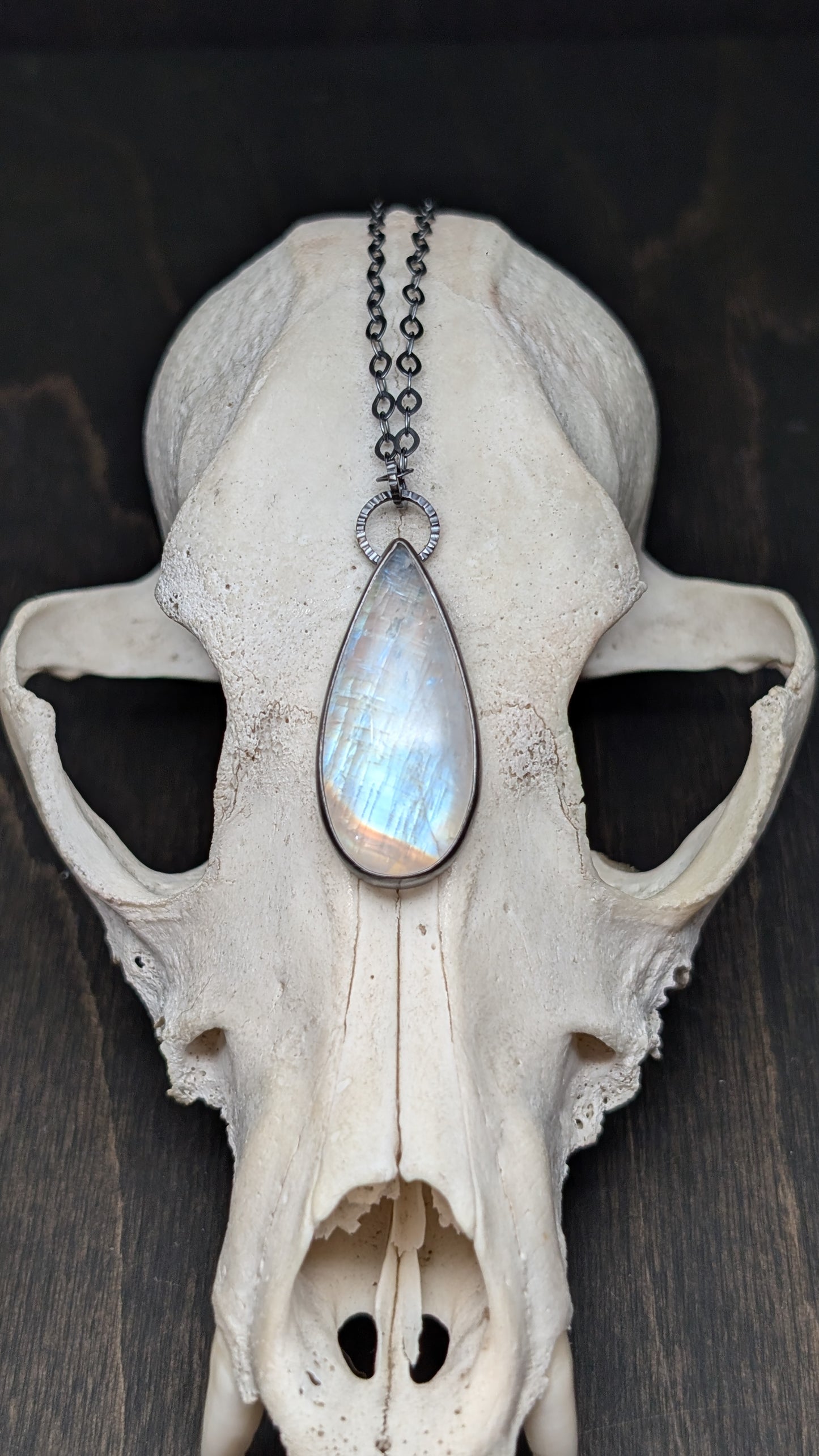 Teardrop Rainbow Moonstone Textured Sterling Silver Necklace