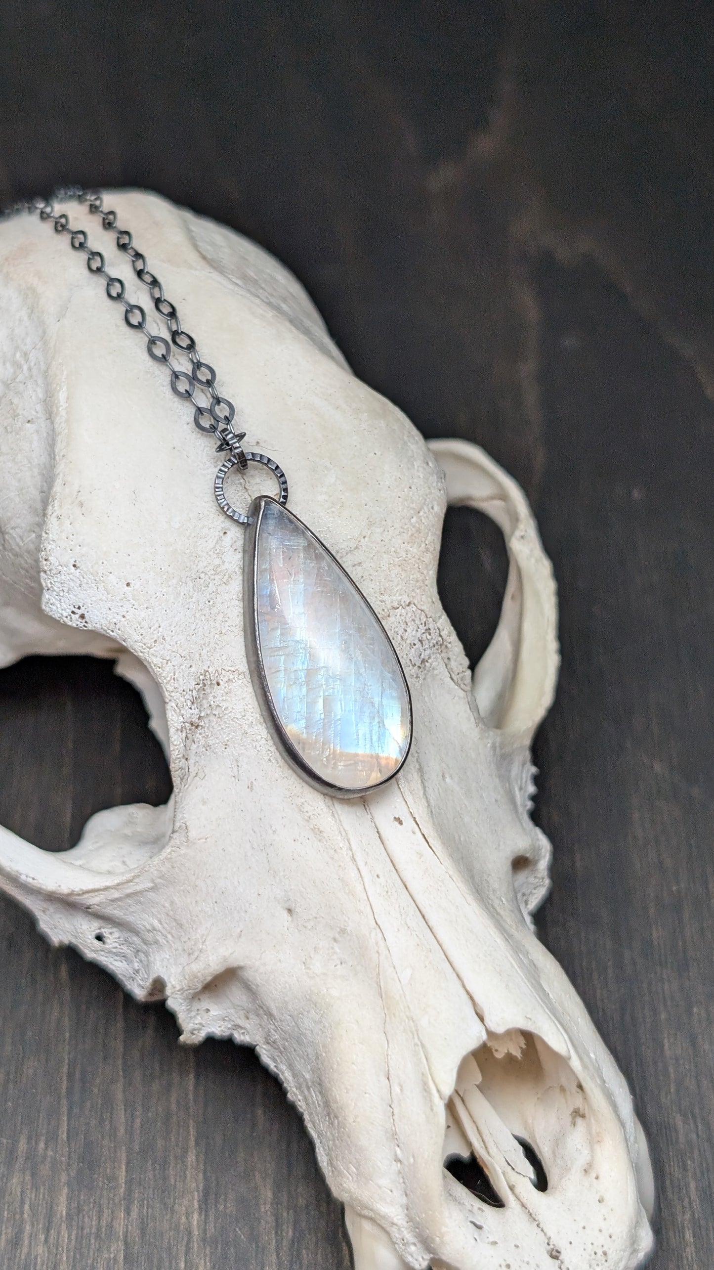Teardrop Rainbow Moonstone Textured Sterling Silver Necklace