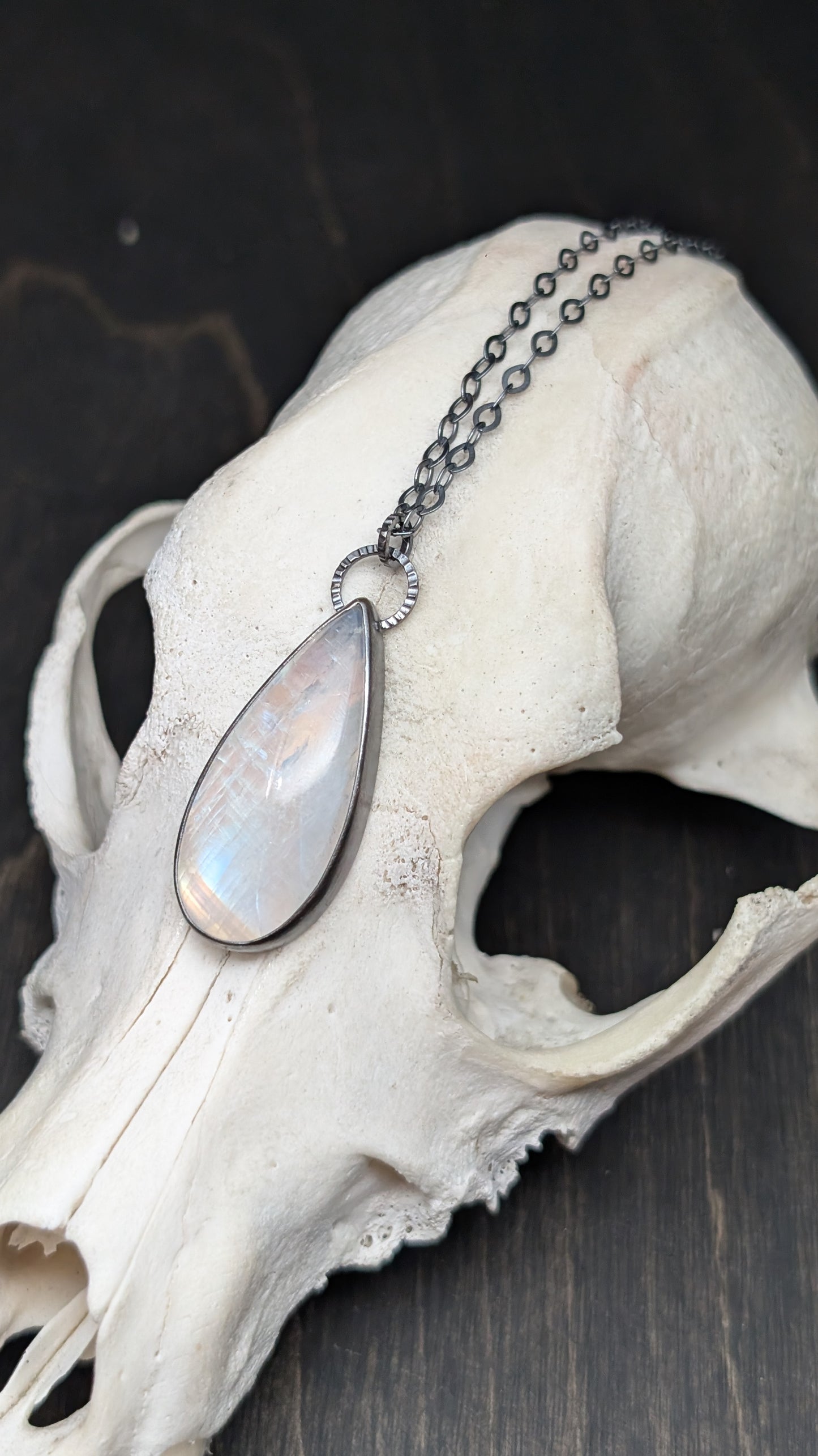 Teardrop Rainbow Moonstone Textured Sterling Silver Necklace