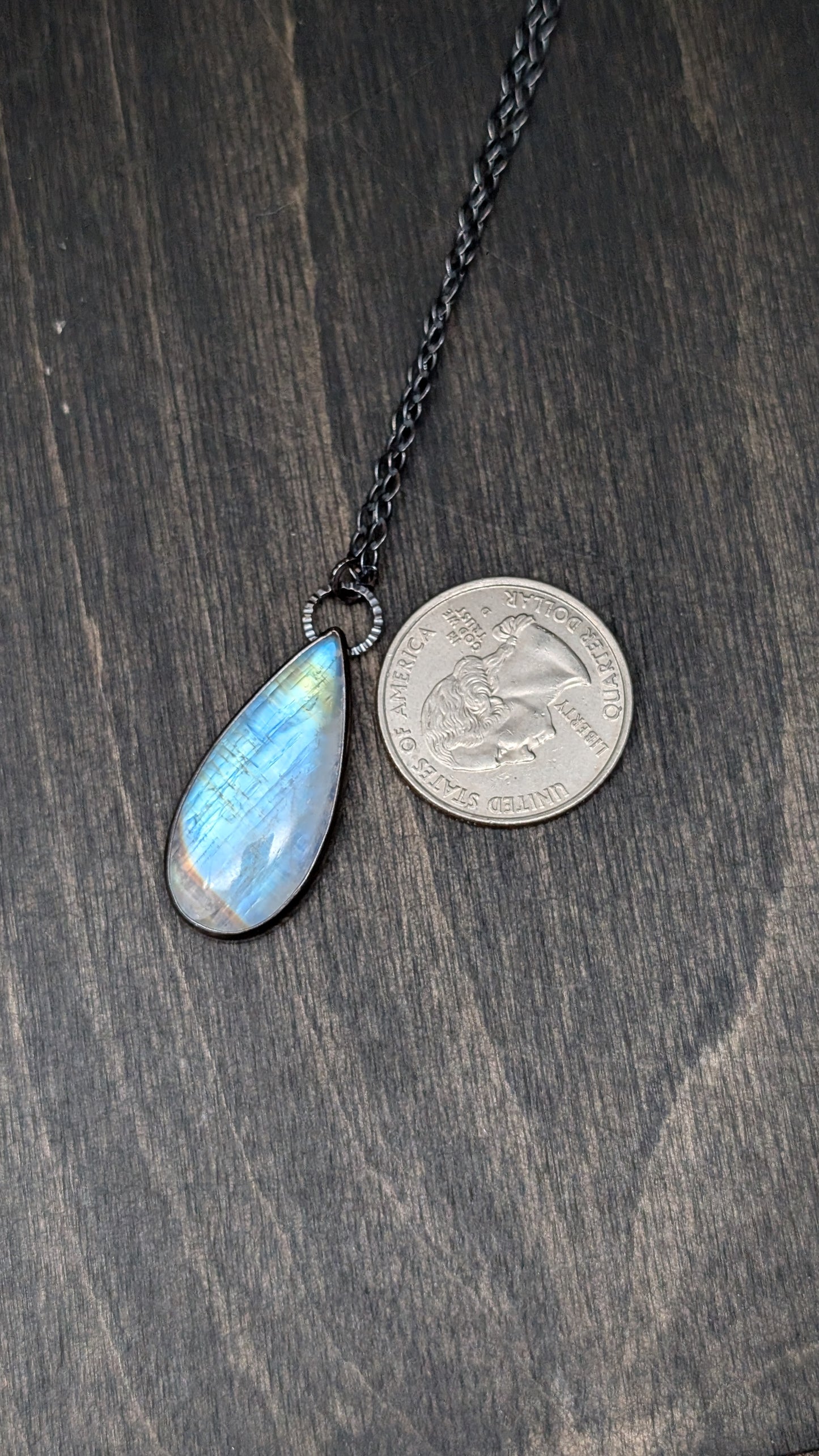 Teardrop Rainbow Moonstone Textured Sterling Silver Necklace