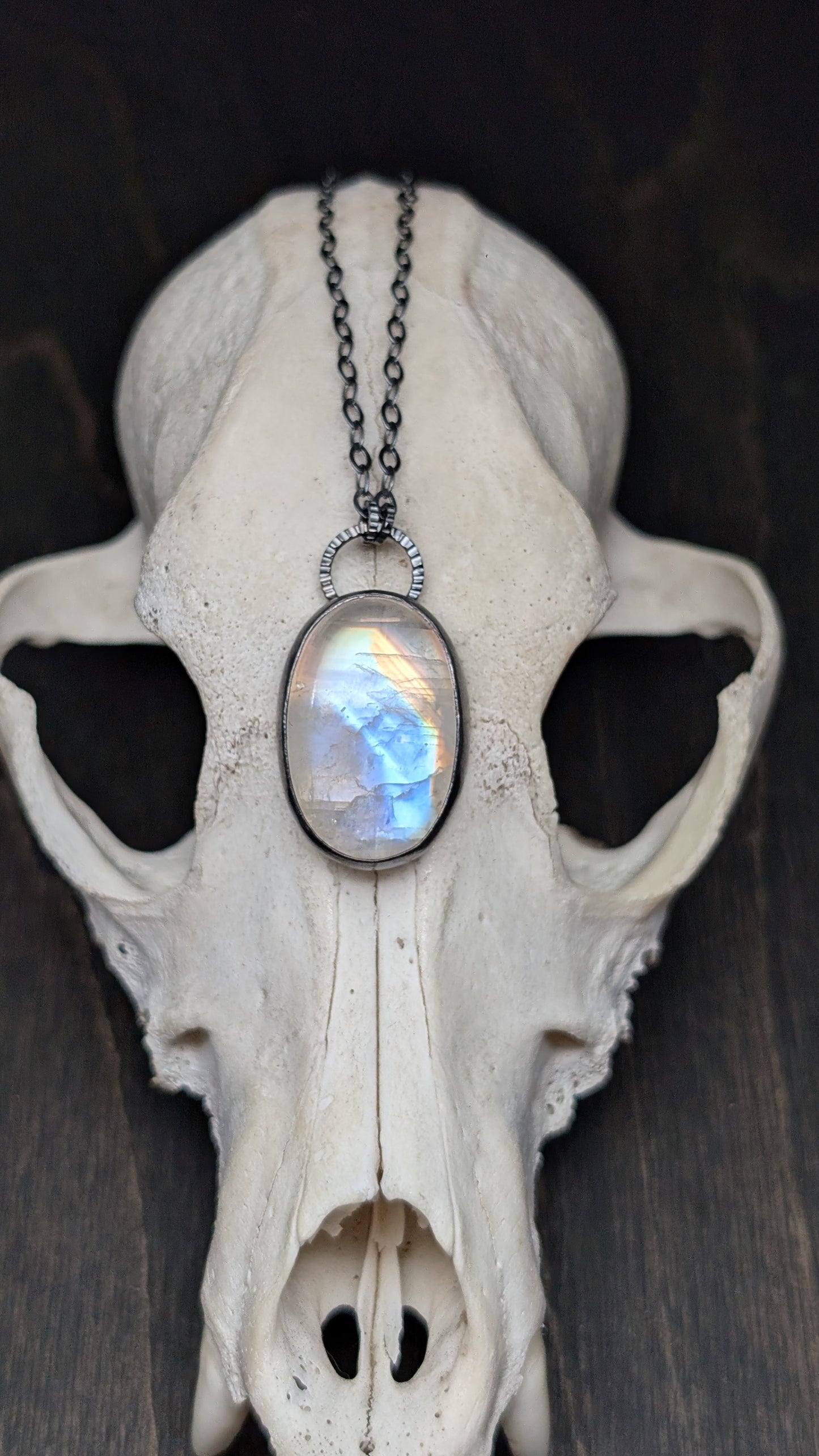 Oval Rainbow Moonstone Textured Sterling Silver Necklace