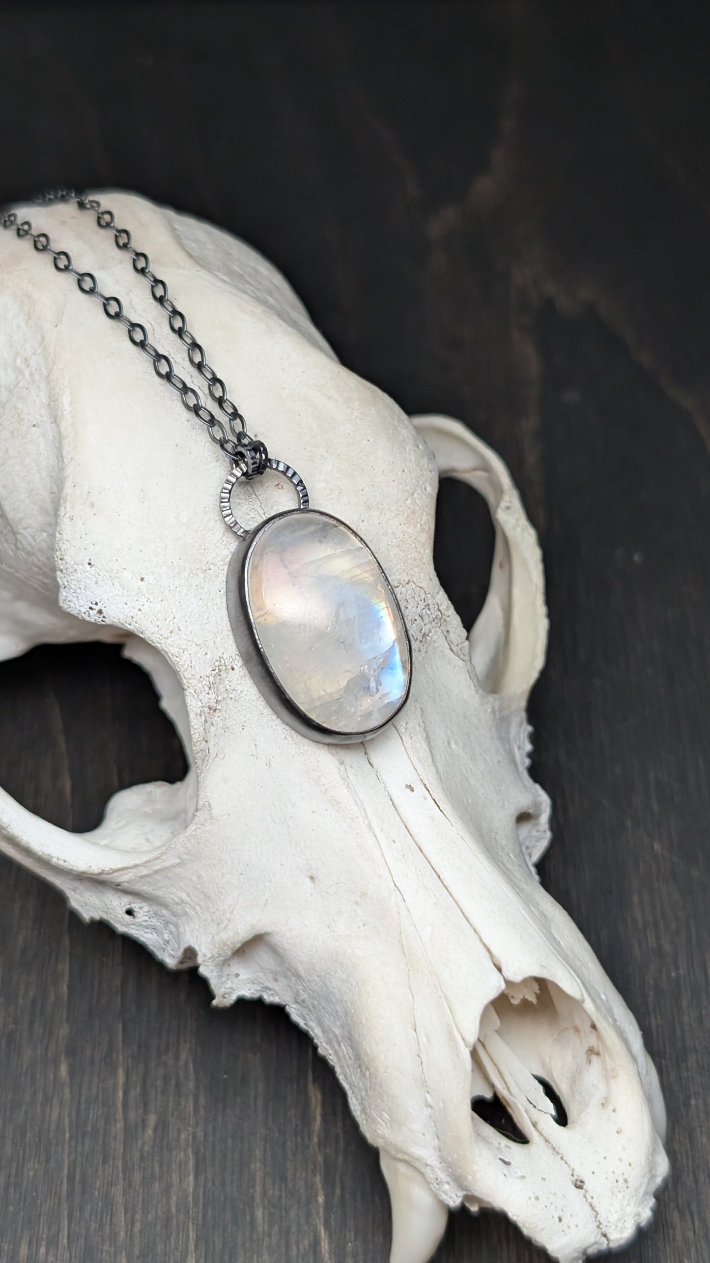 Oval Rainbow Moonstone Textured Sterling Silver Necklace