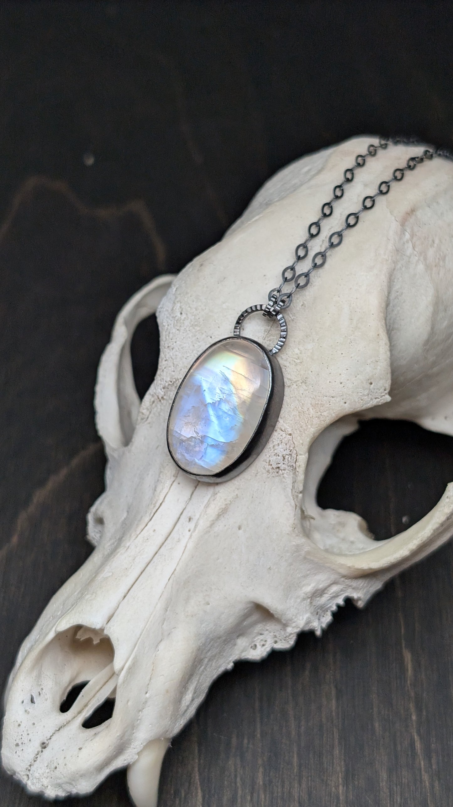 Oval Rainbow Moonstone Textured Sterling Silver Necklace