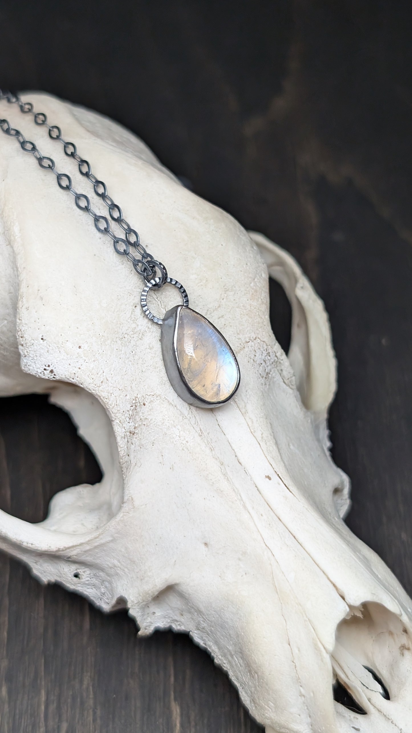 Teardrop Rainbow Moonstone Textured Sterling Silver Necklace