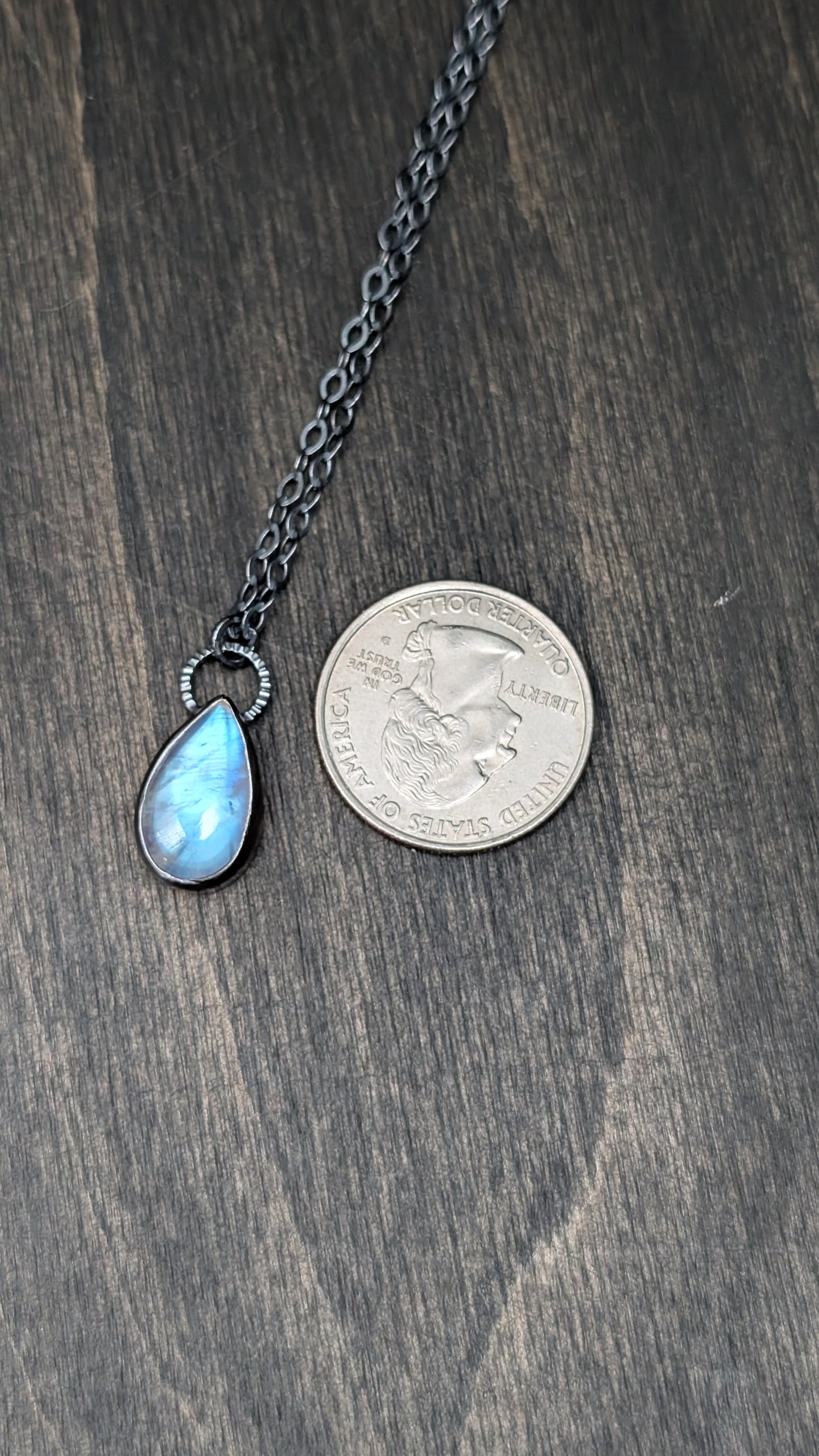 Teardrop Rainbow Moonstone Textured Sterling Silver Necklace