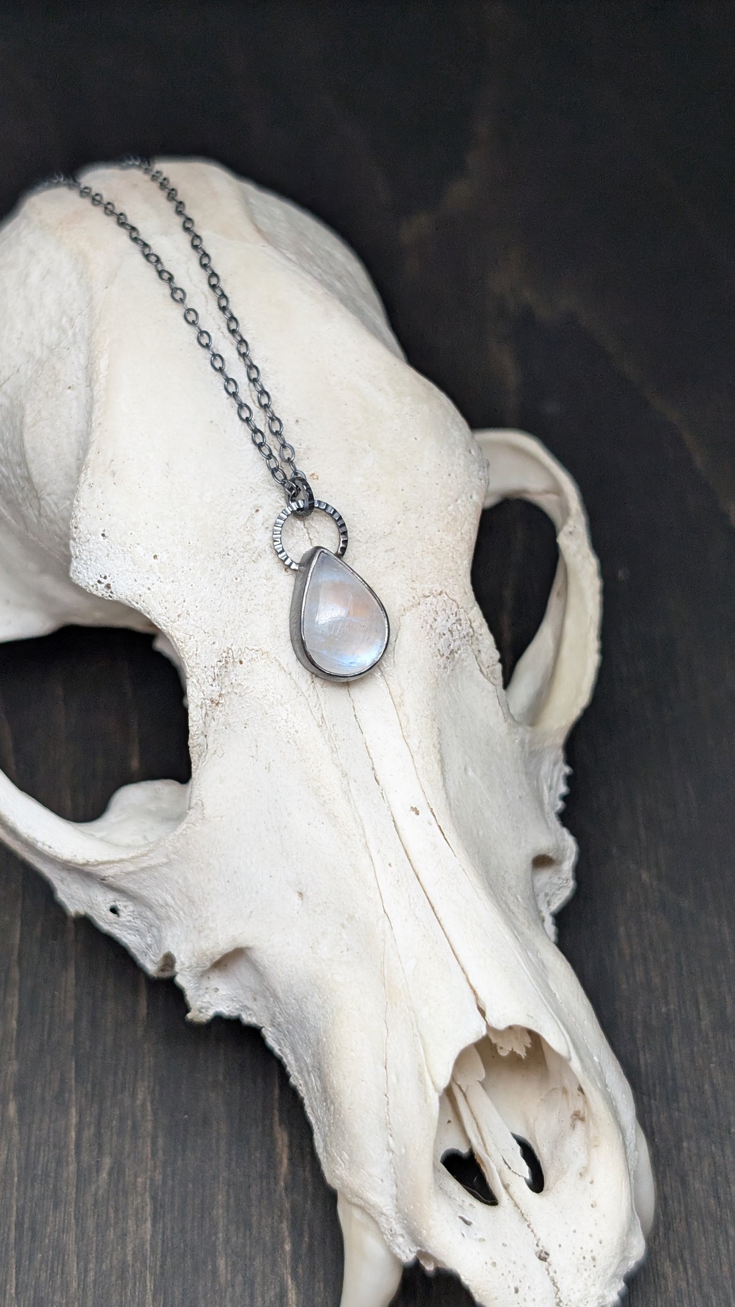 Teardrop Rainbow Moonstone Textured Sterling Silver Necklace