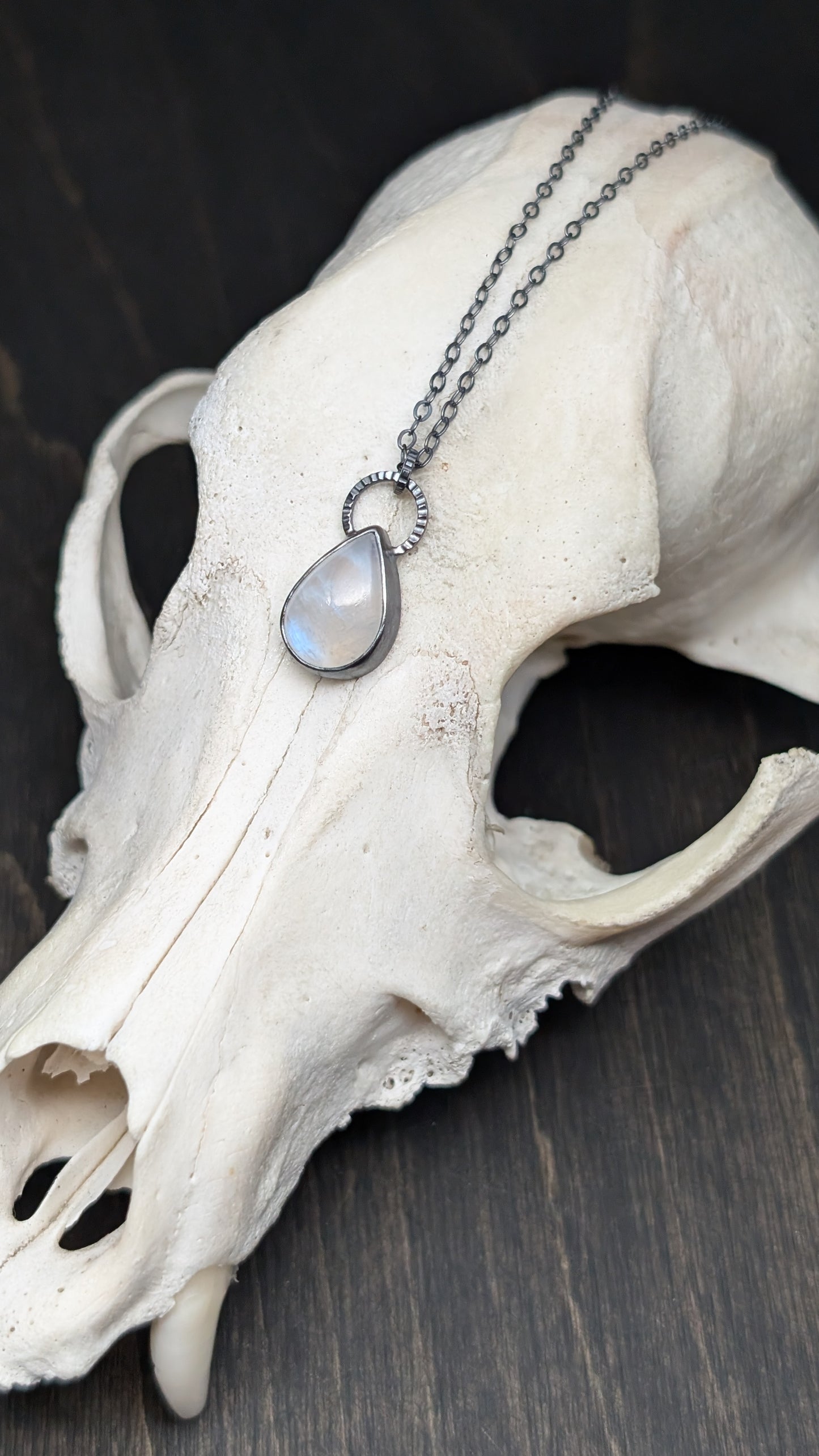 Teardrop Rainbow Moonstone Textured Sterling Silver Necklace