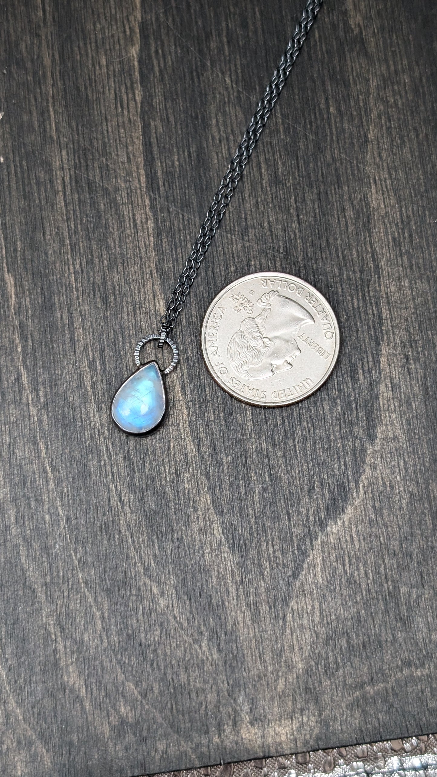 Teardrop Rainbow Moonstone Textured Sterling Silver Necklace