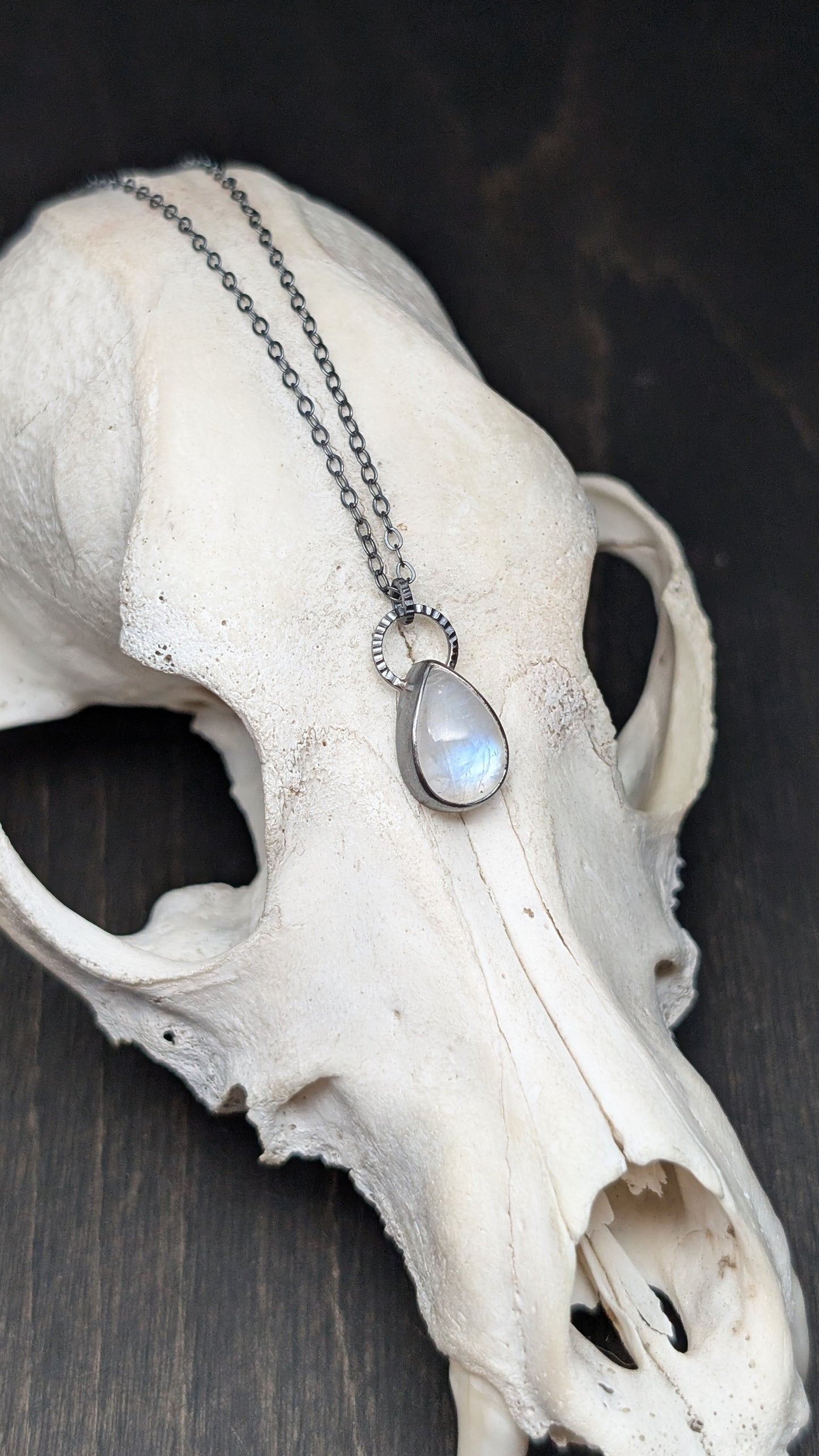 Teardrop Rainbow Moonstone Textured Sterling Silver Necklace