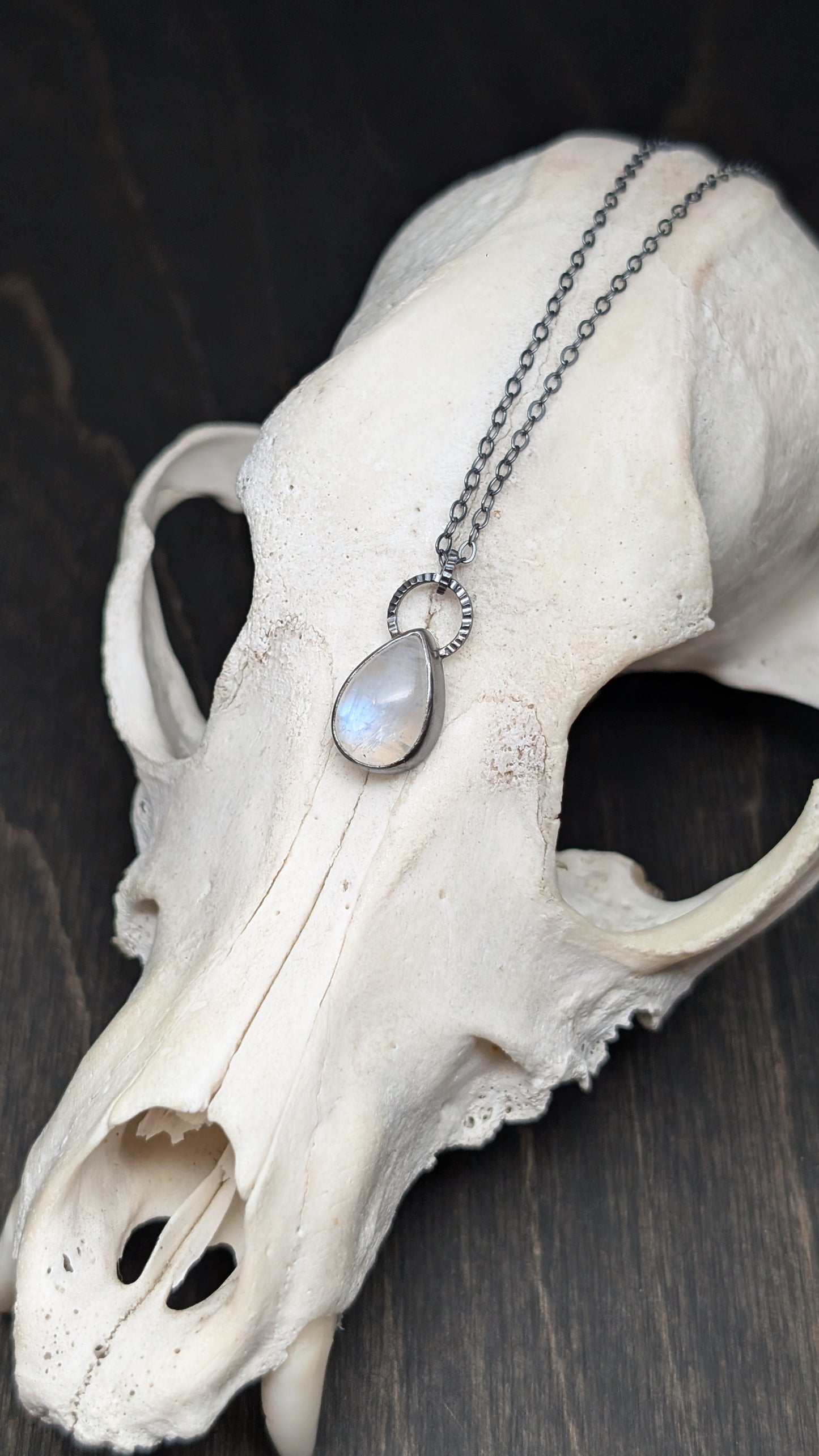 Teardrop Rainbow Moonstone Textured Sterling Silver Necklace