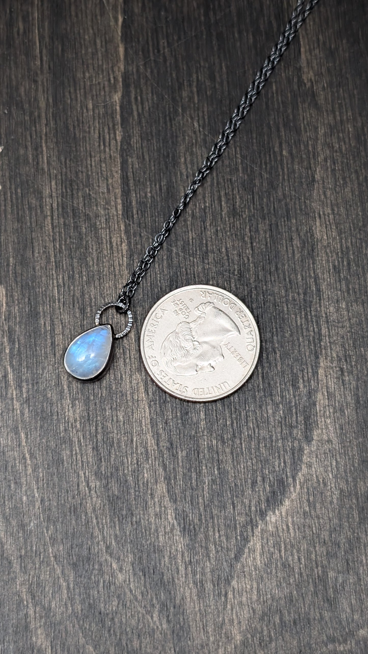 Teardrop Rainbow Moonstone Textured Sterling Silver Necklace