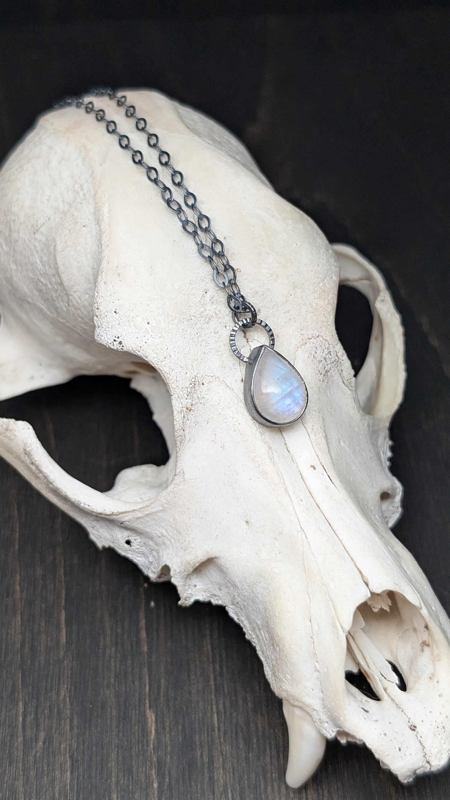 Teardrop Rainbow Moonstone Textured Sterling Silver Necklace