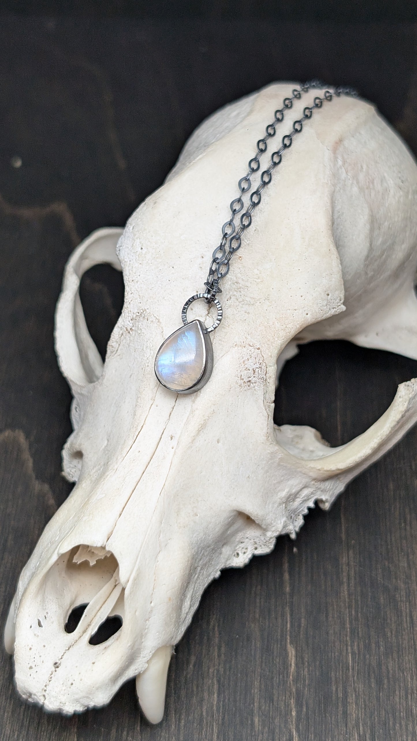 Teardrop Rainbow Moonstone Textured Sterling Silver Necklace