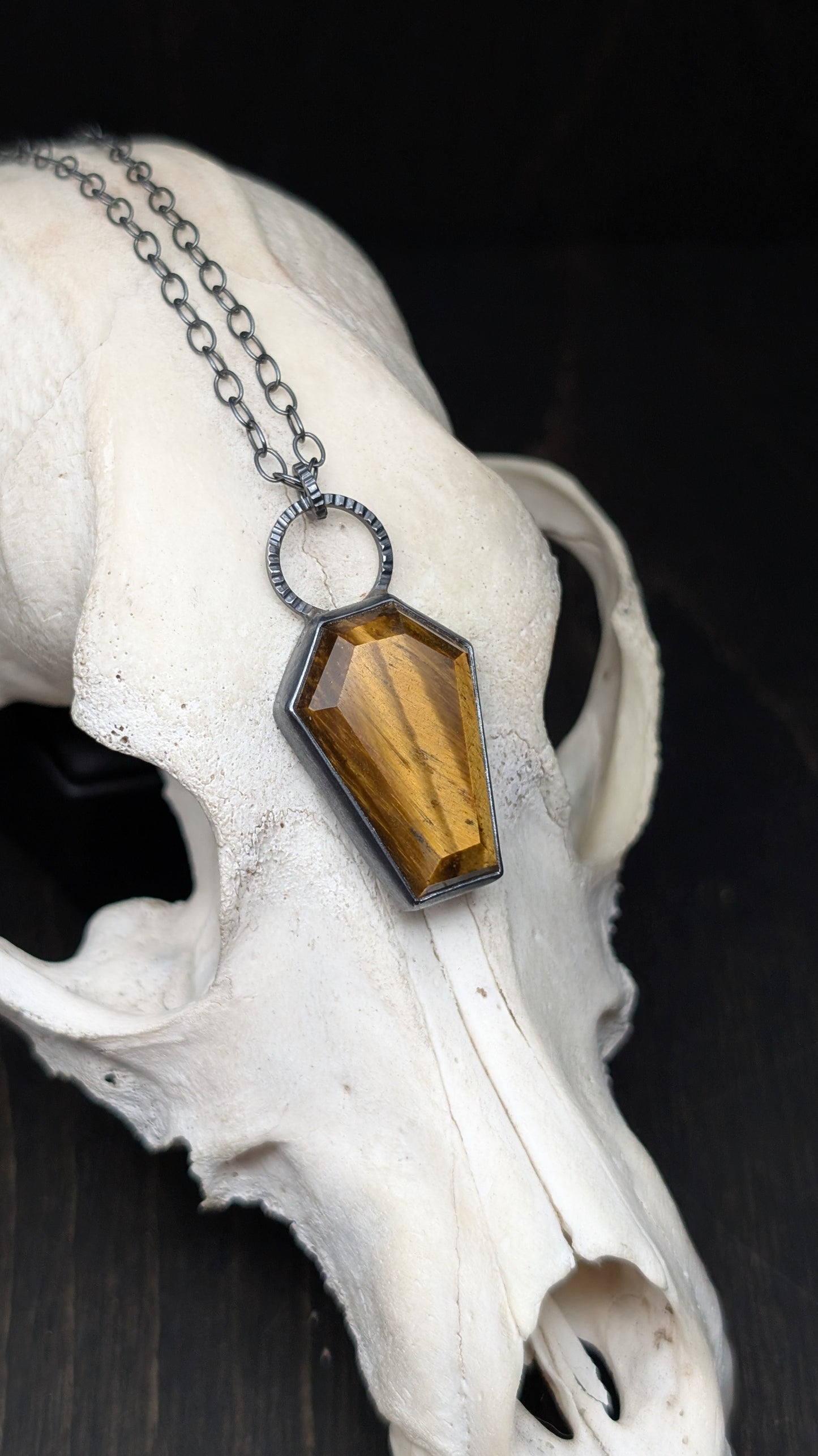 XL Tiger's Eye Coffin Textured Sterling Silver Necklace