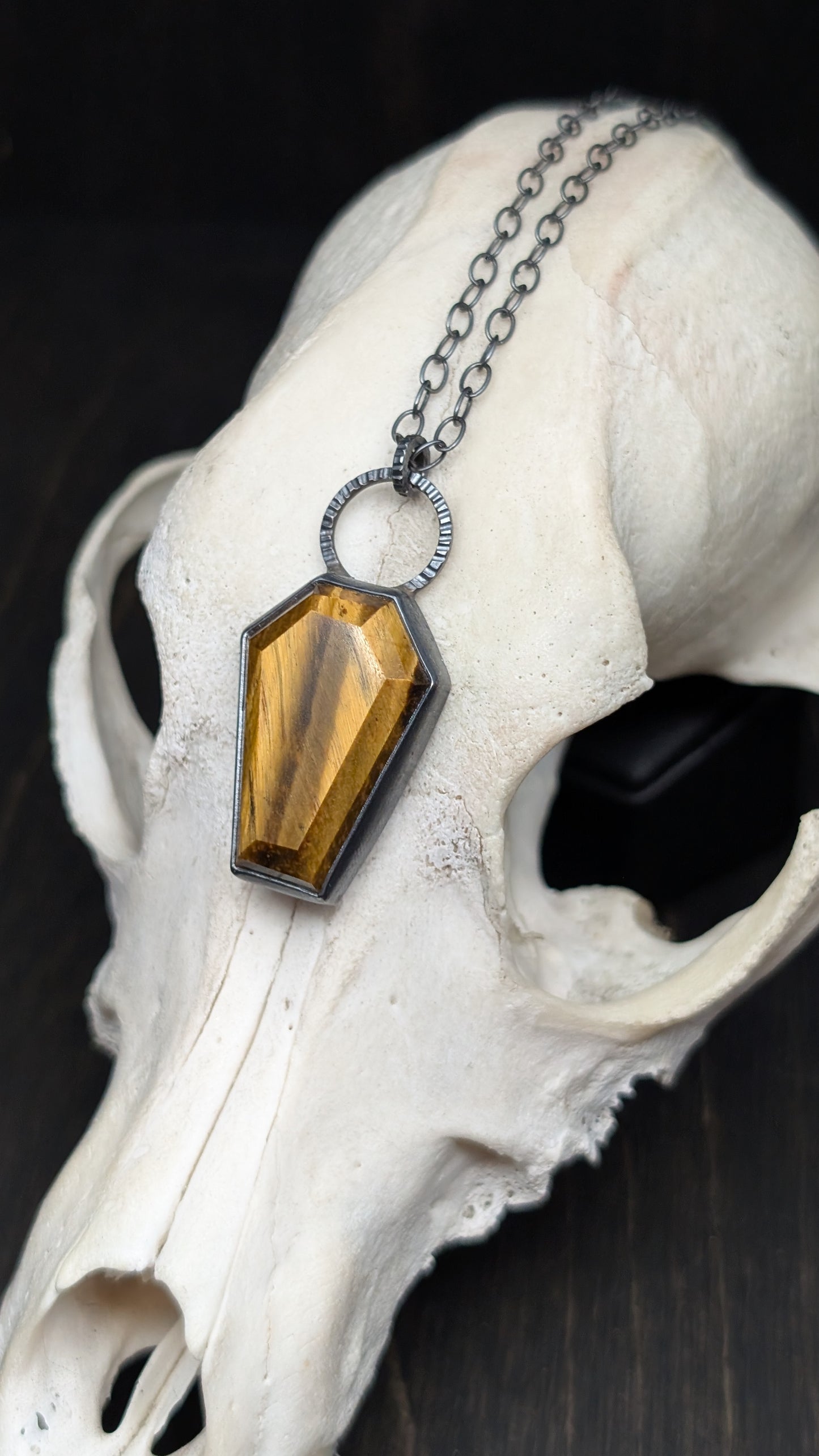 XL Tiger's Eye Coffin Textured Sterling Silver Necklace