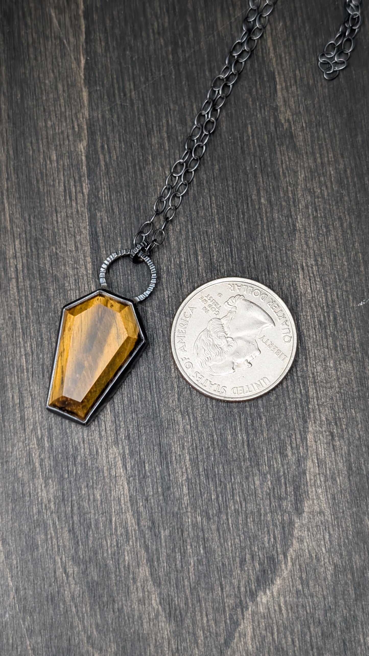 XL Tiger's Eye Coffin Textured Sterling Silver Necklace