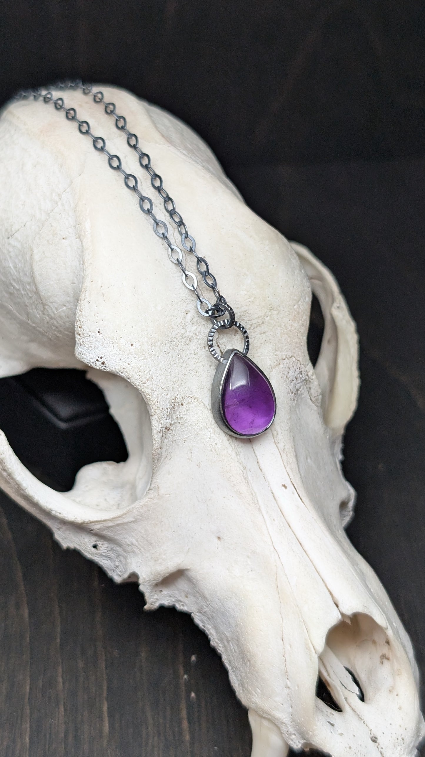 Medium Amethyst Teardrop Textured Sterling Silver Necklace