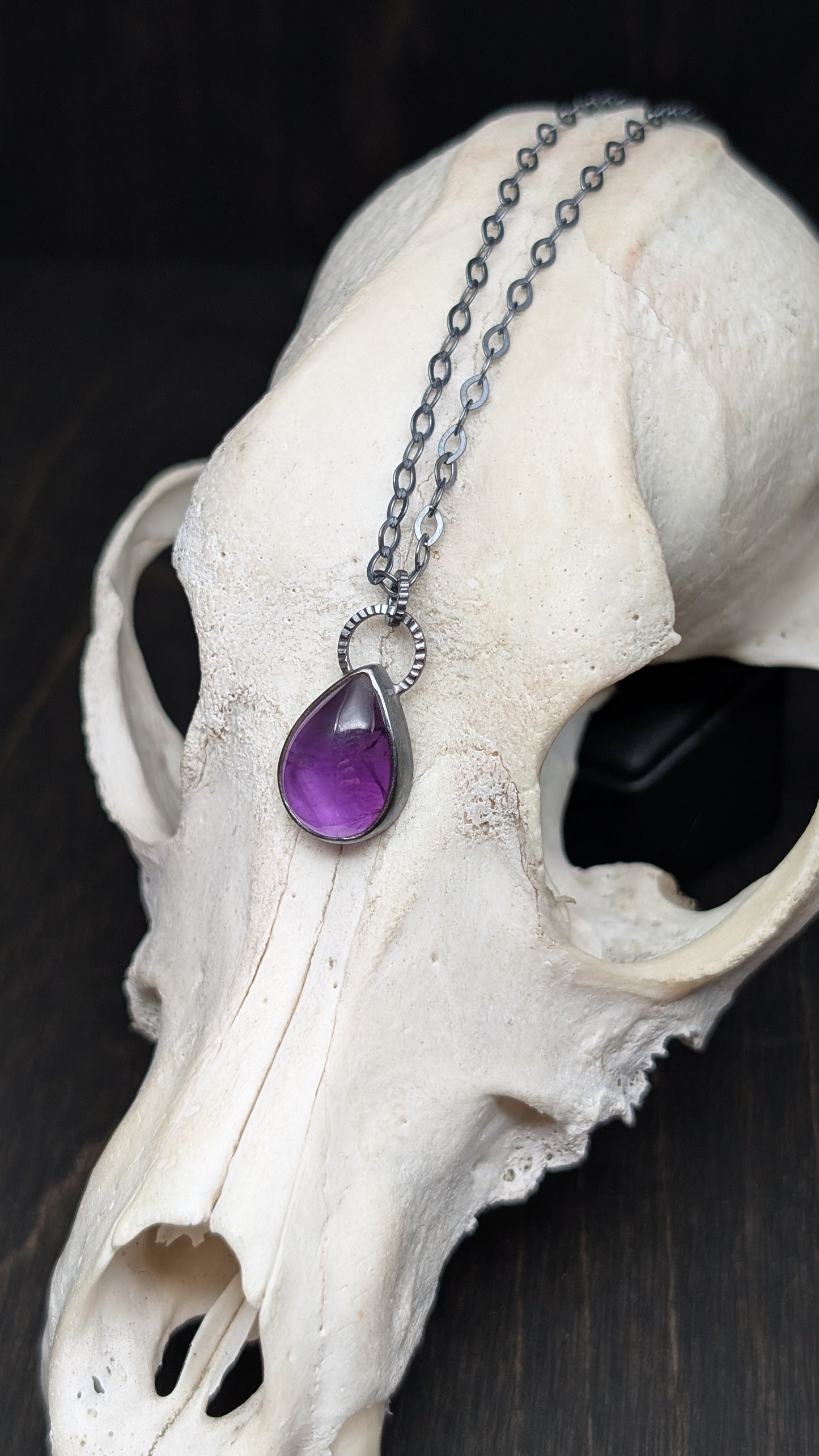 Medium Amethyst Teardrop Textured Sterling Silver Necklace