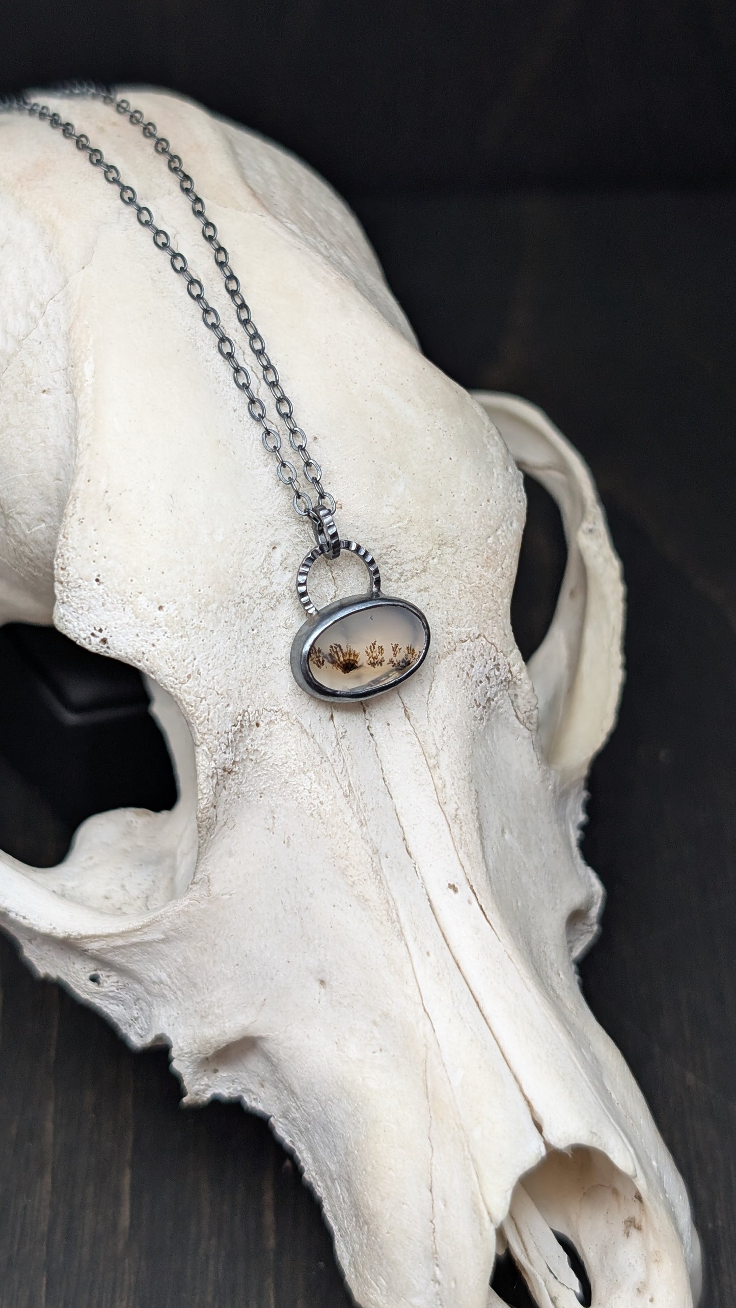 Dendritic Agate Oval Slice Textured Sterling Silver Necklace