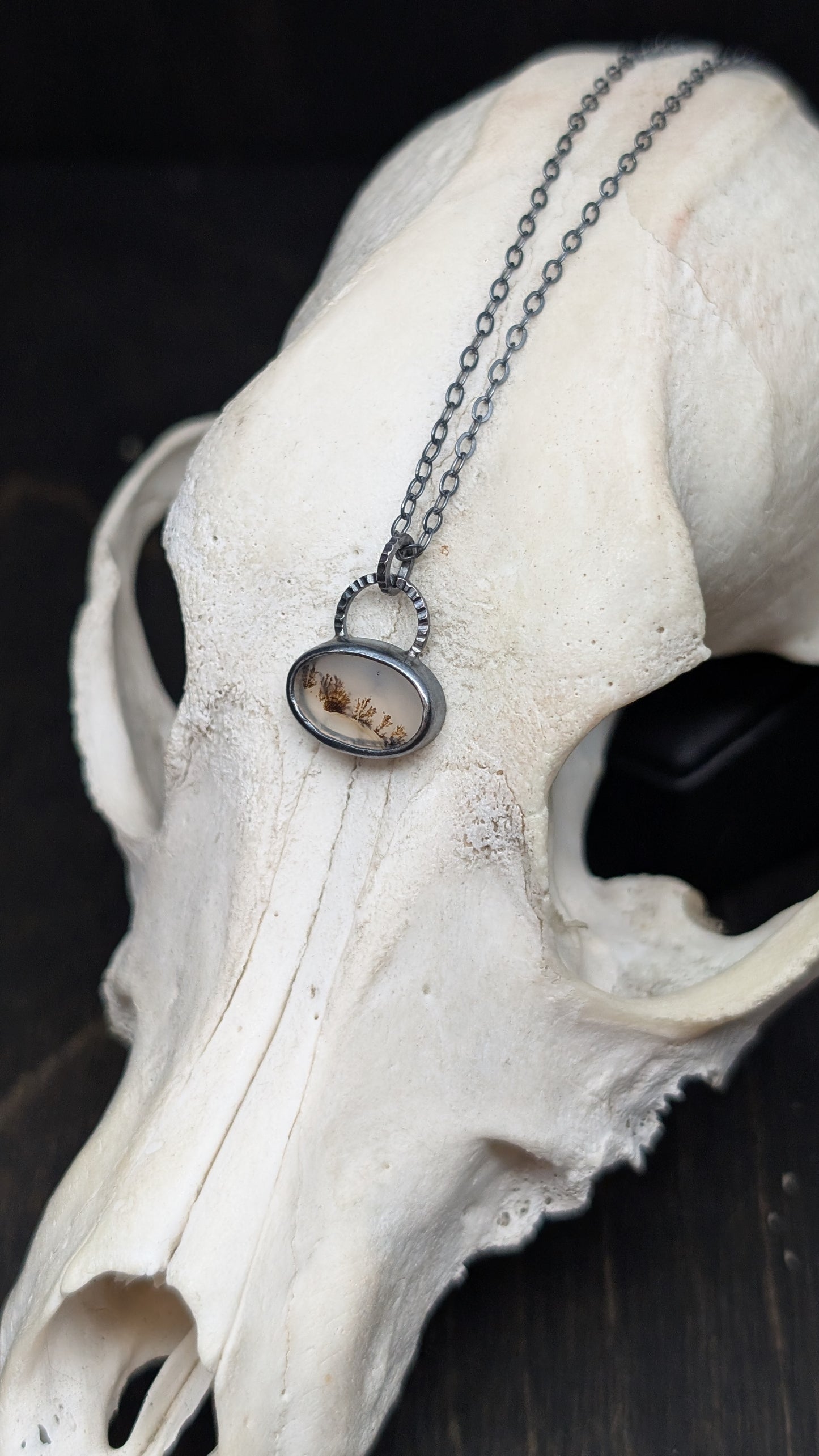 Dendritic Agate Oval Slice Textured Sterling Silver Necklace