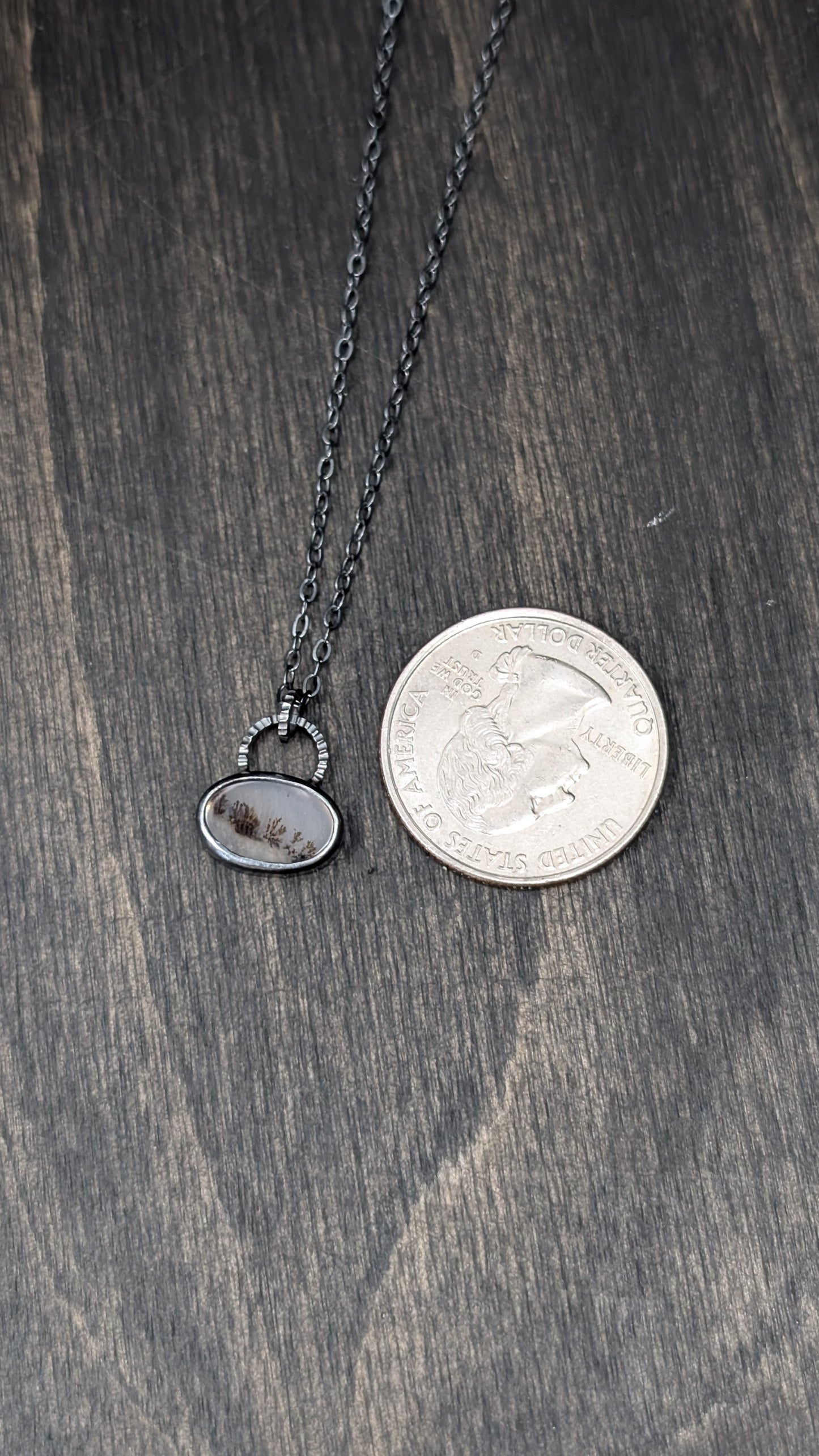 Dendritic Agate Oval Slice Textured Sterling Silver Necklace