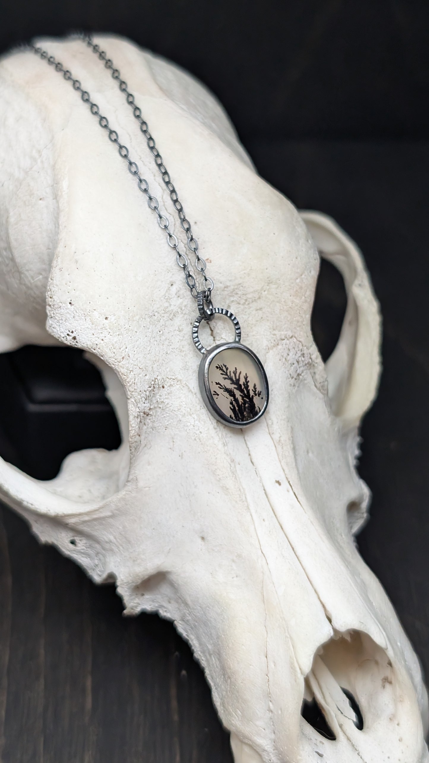 Dendritic Agate Oval Slice Textured Sterling Silver Necklace