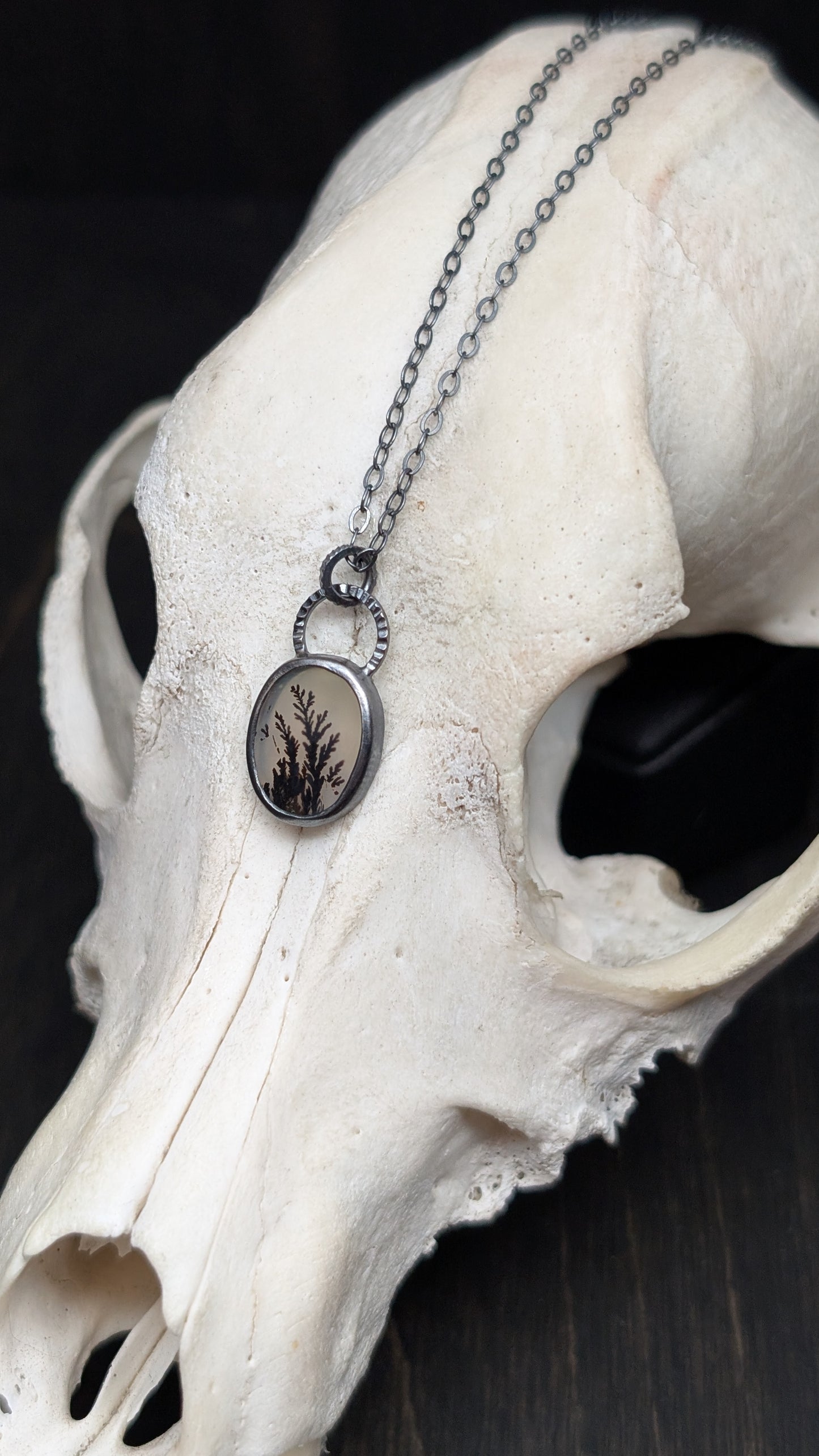 Dendritic Agate Oval Slice Textured Sterling Silver Necklace