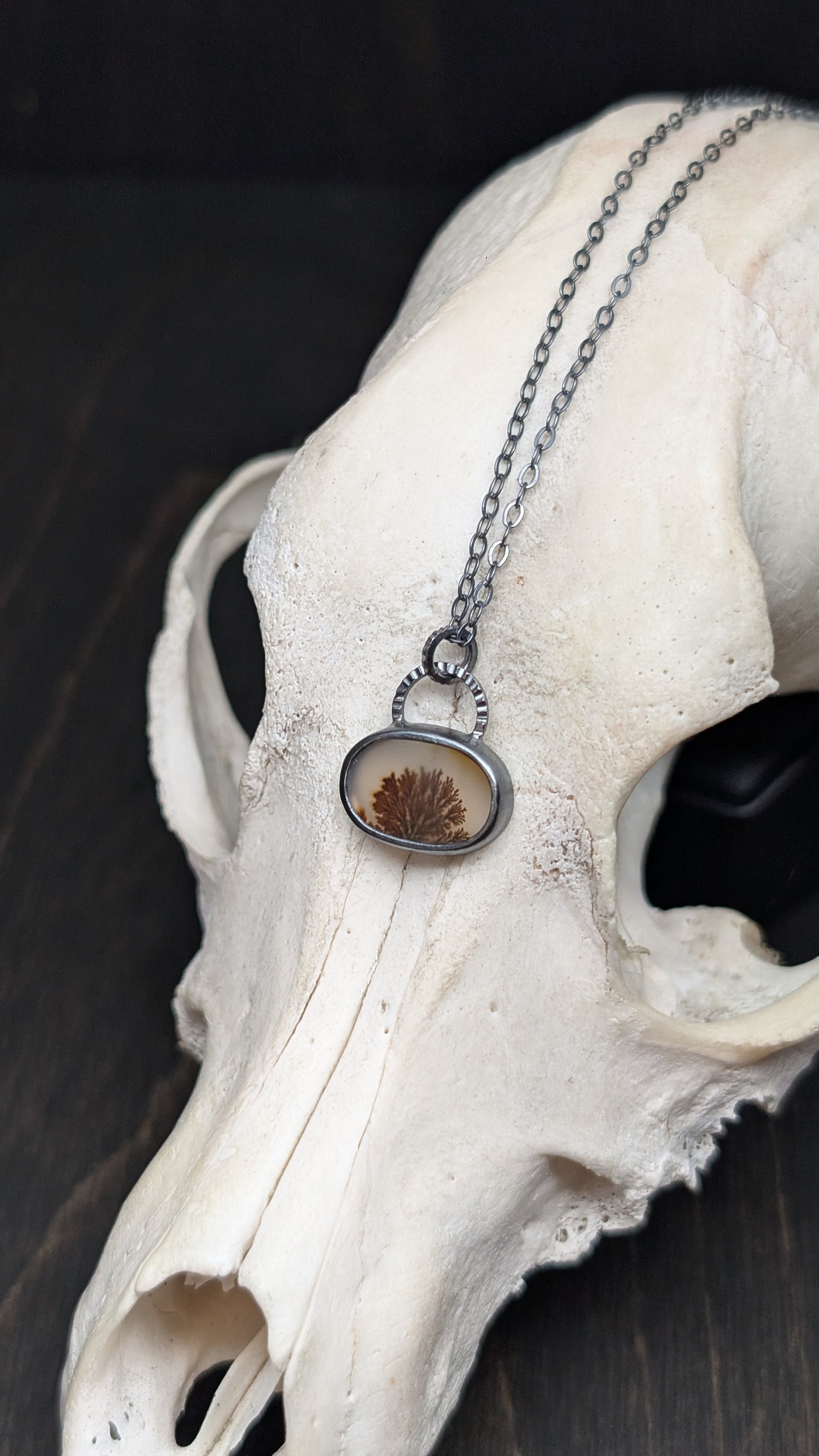 Dendritic Agate Oval Slice Textured Sterling Silver Necklace