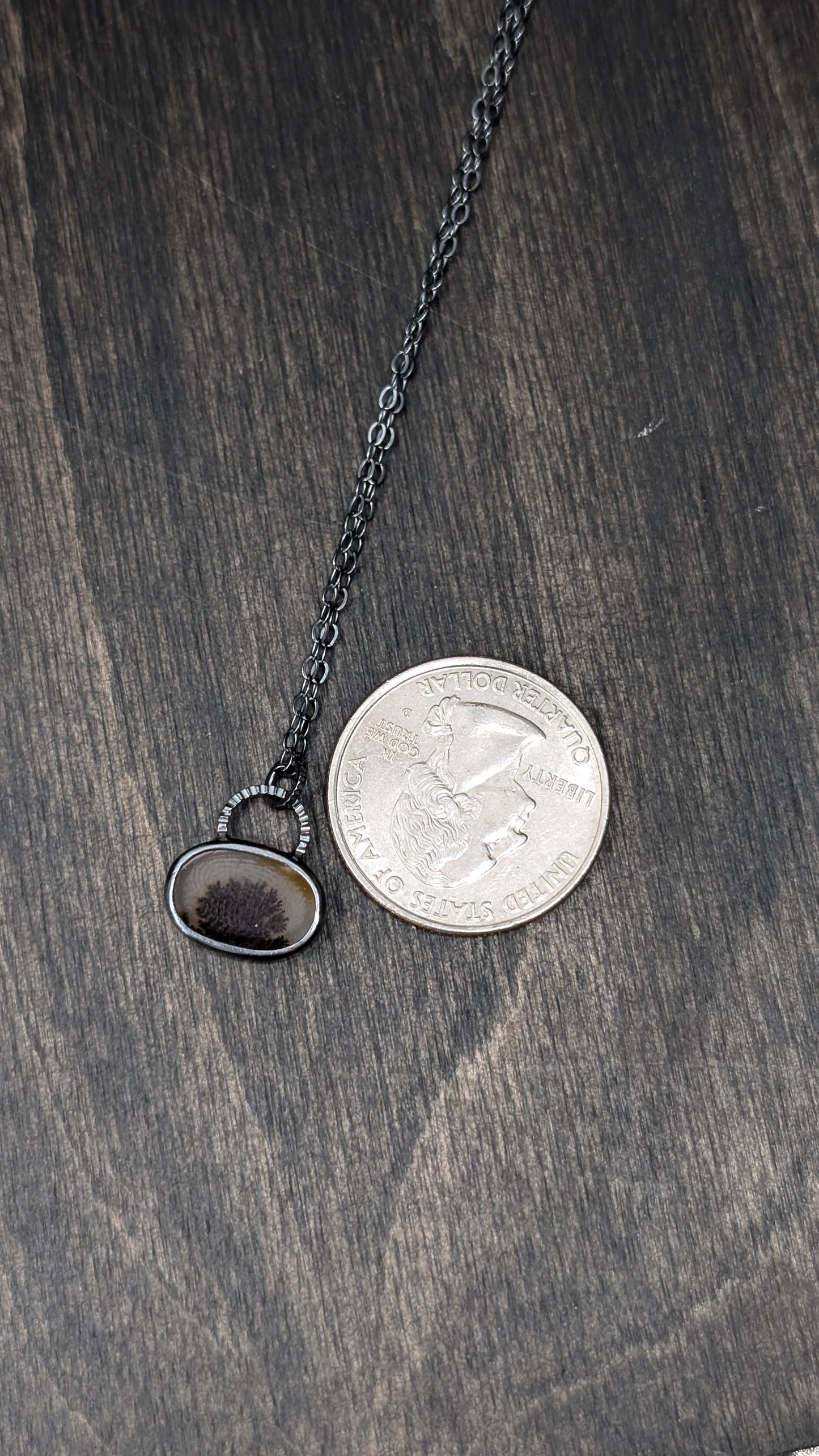 Dendritic Agate Oval Slice Textured Sterling Silver Necklace