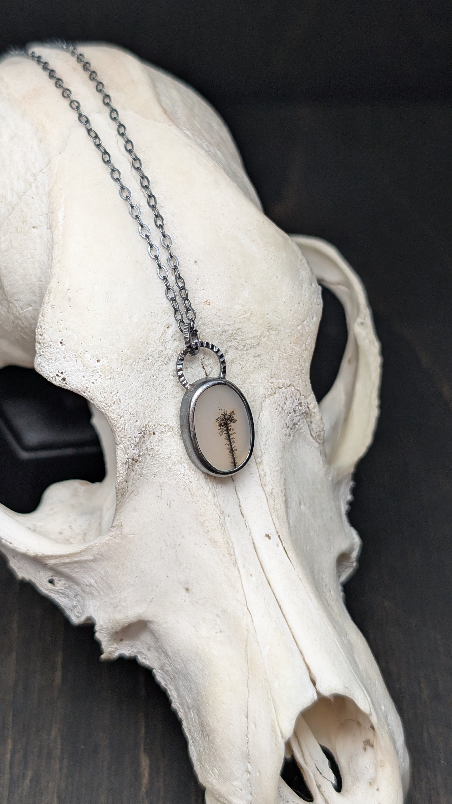 Dendritic Agate Oval Slice Textured Sterling Silver Necklace