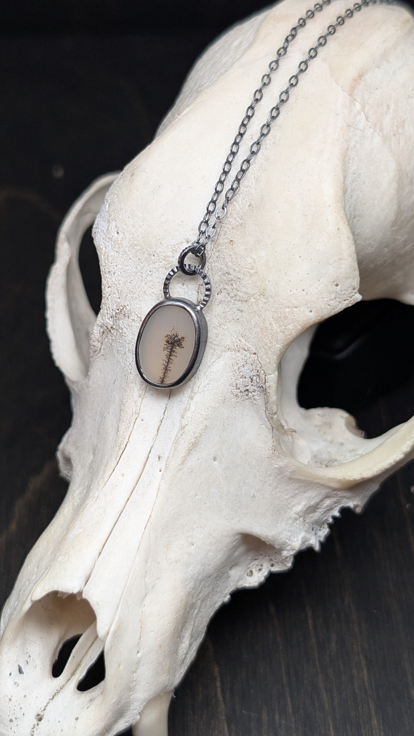 Dendritic Agate Oval Slice Textured Sterling Silver Necklace
