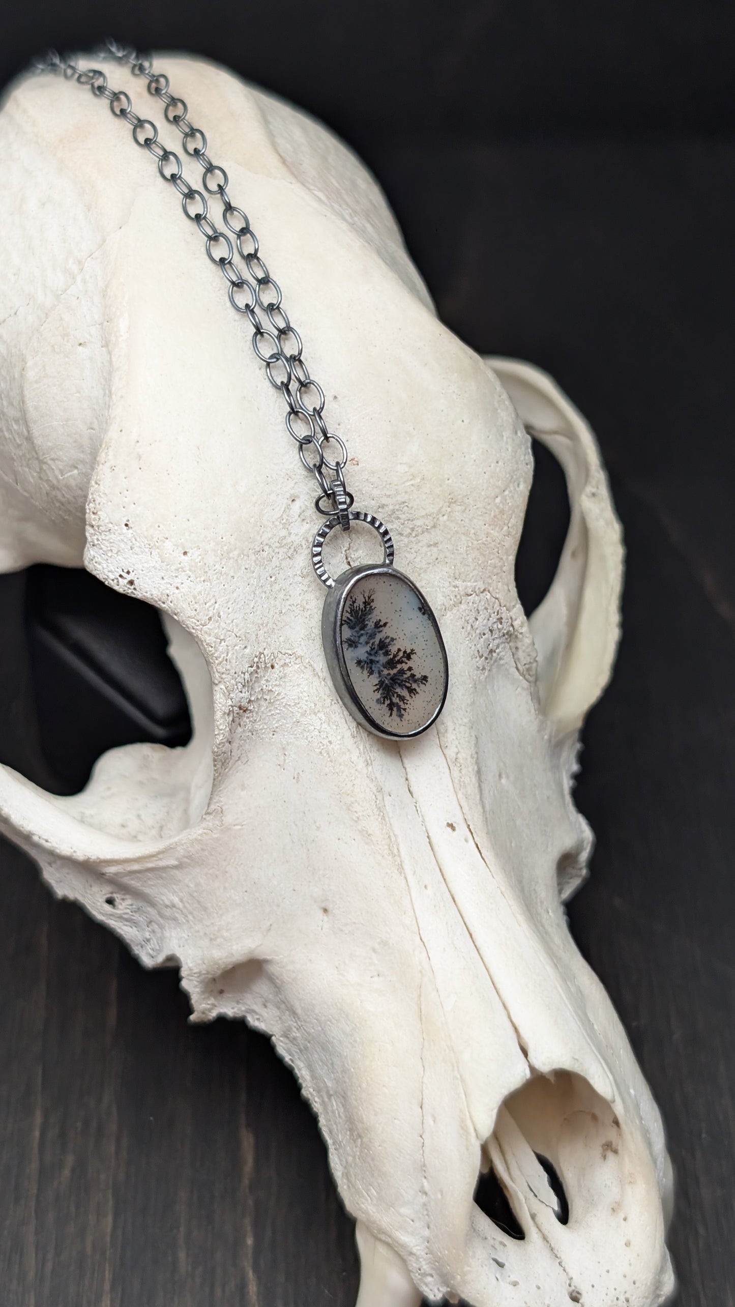 Dendritic Agate Oval Slice Textured Sterling Silver Necklace