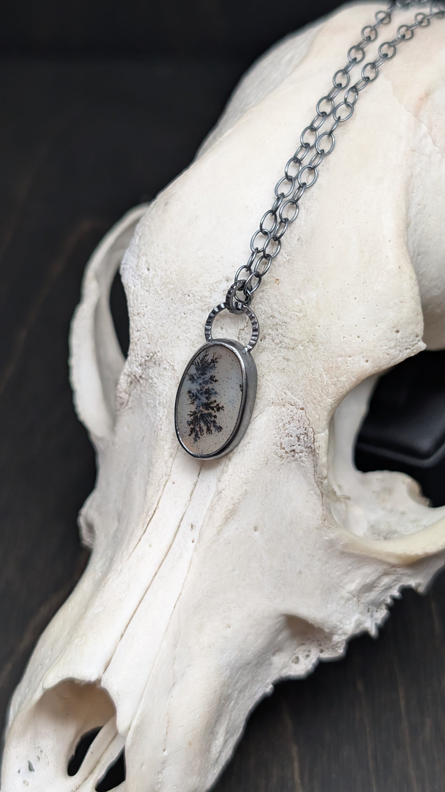 Dendritic Agate Oval Slice Textured Sterling Silver Necklace