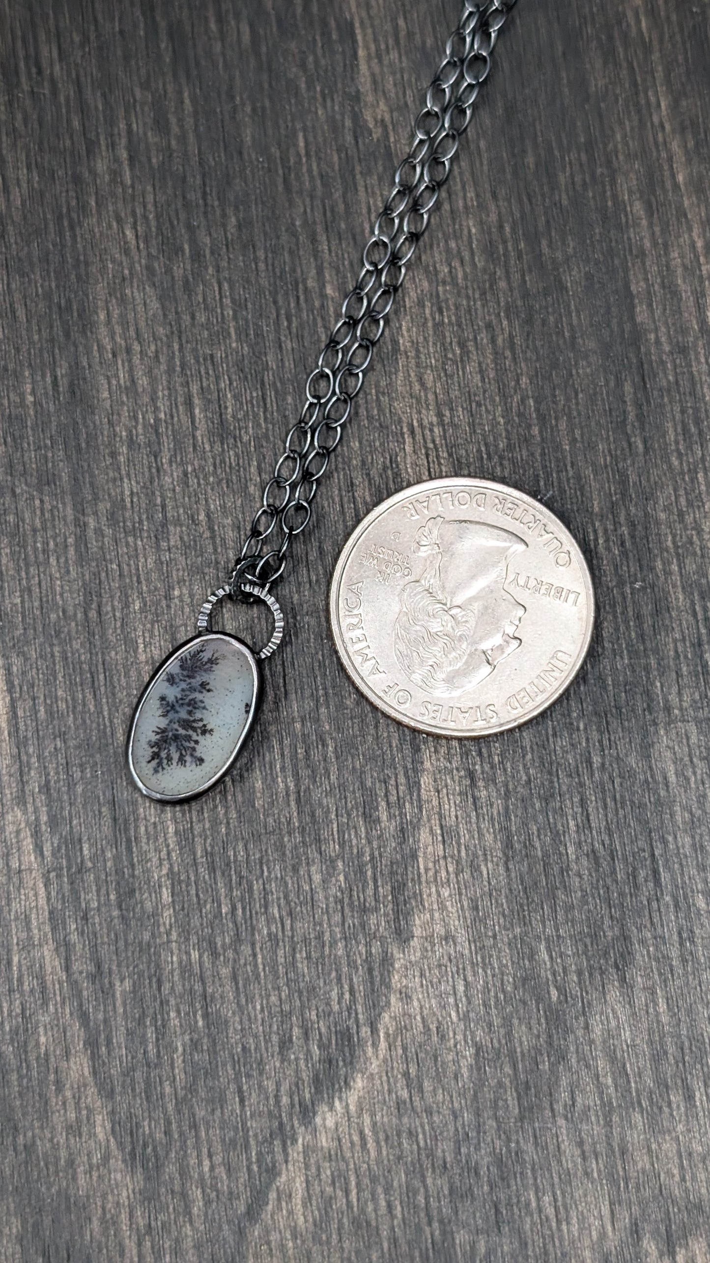 Dendritic Agate Oval Slice Textured Sterling Silver Necklace