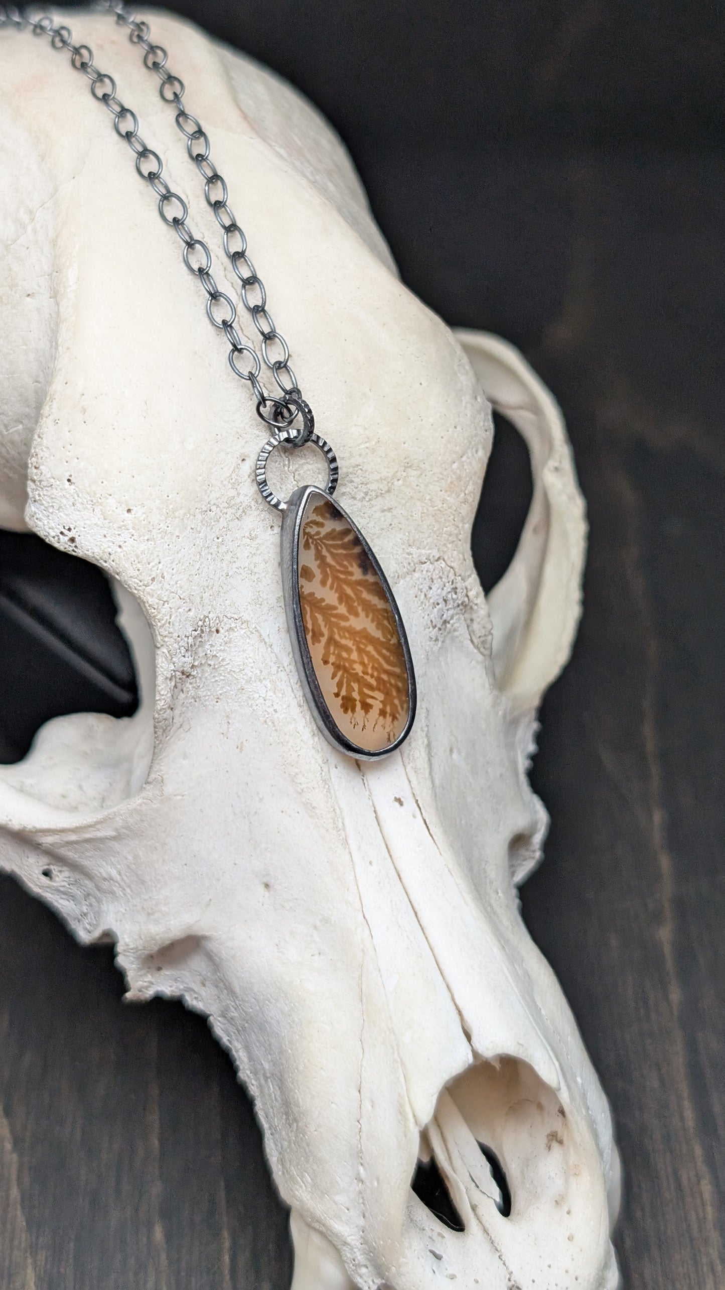 Dendritic Agate Teardrop Slice Textured Sterling Silver Necklace