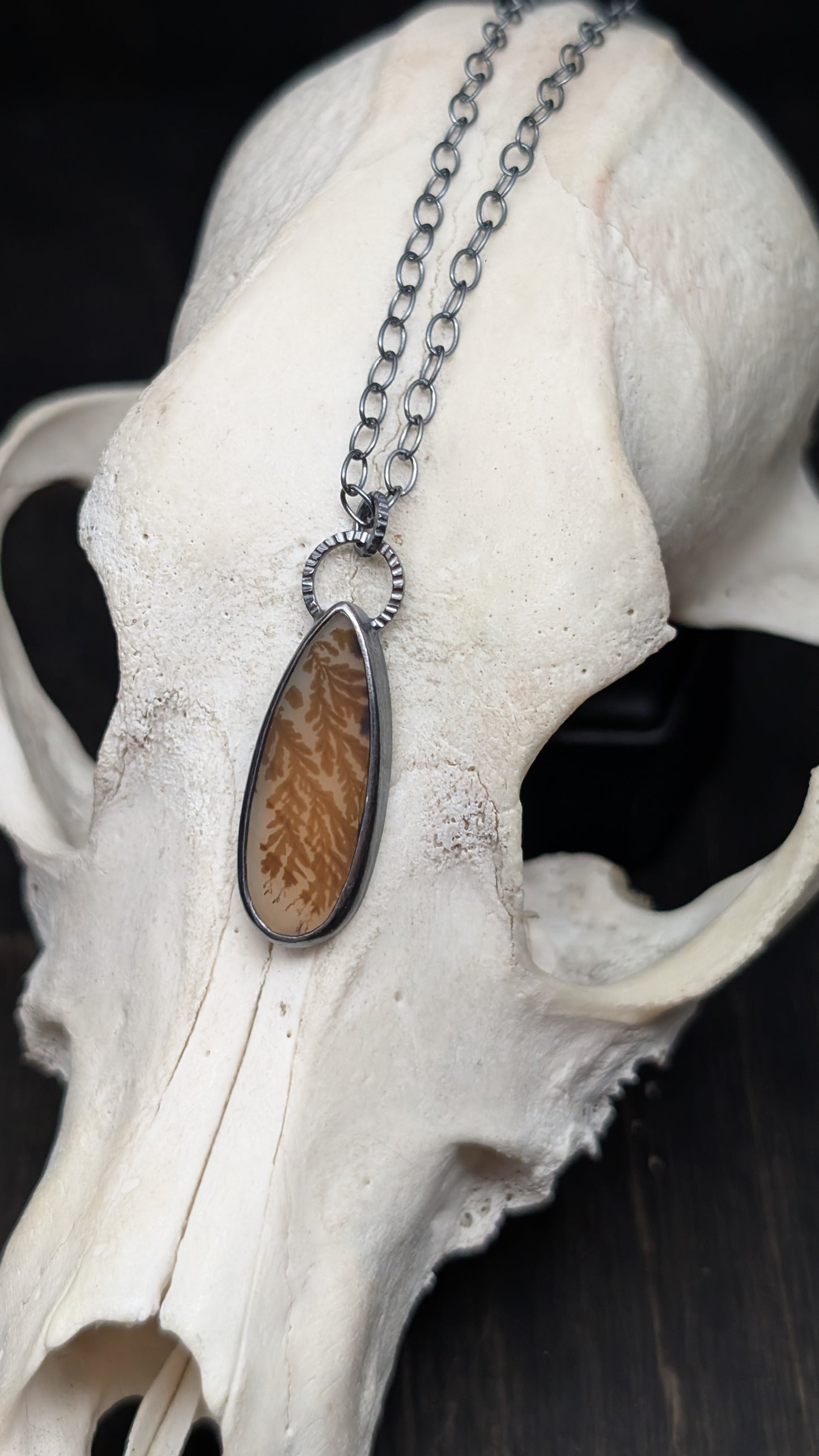 Dendritic Agate Teardrop Slice Textured Sterling Silver Necklace