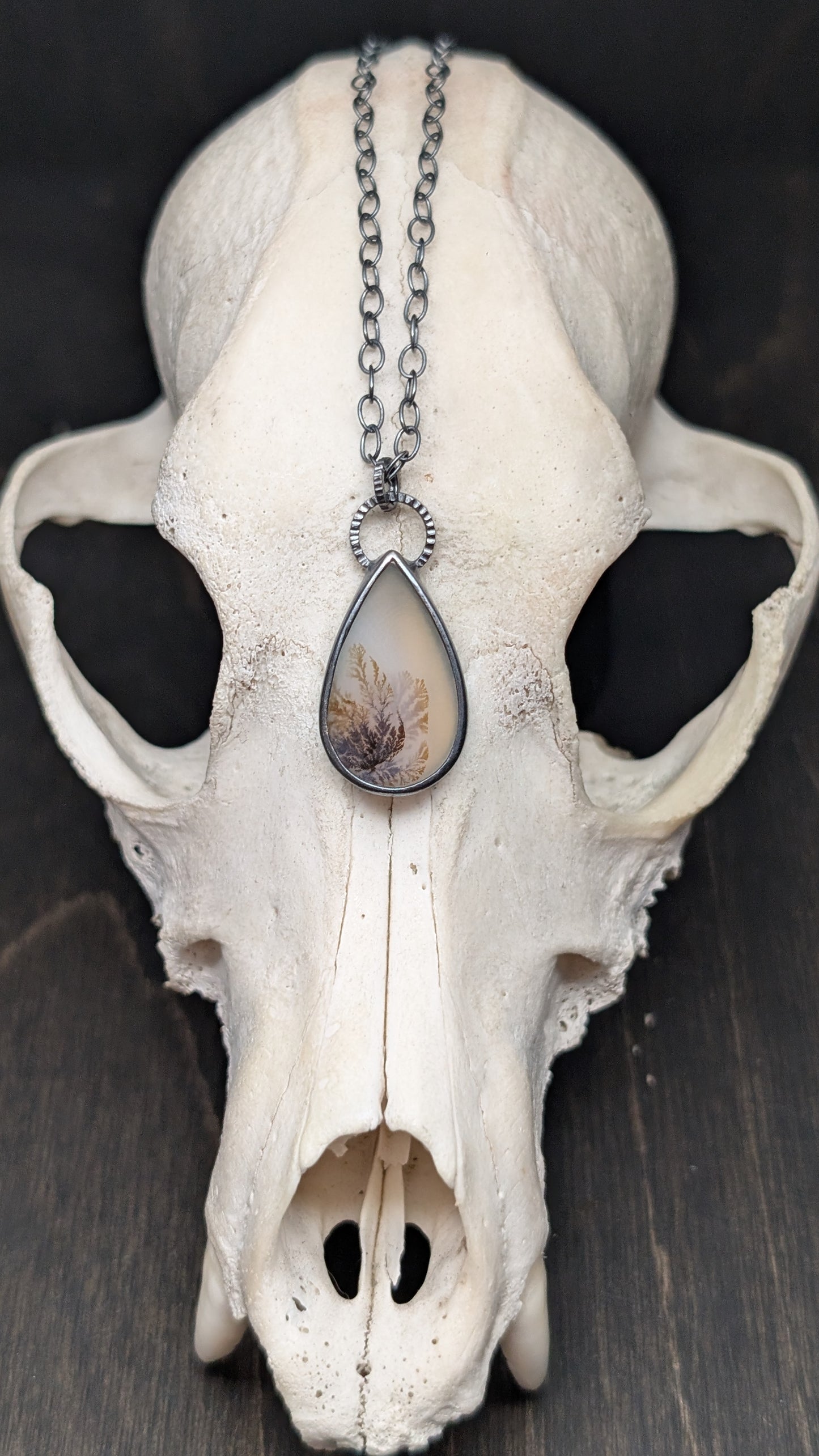 Dendritic Agate Teardrop Slice Textured Sterling Silver Necklace